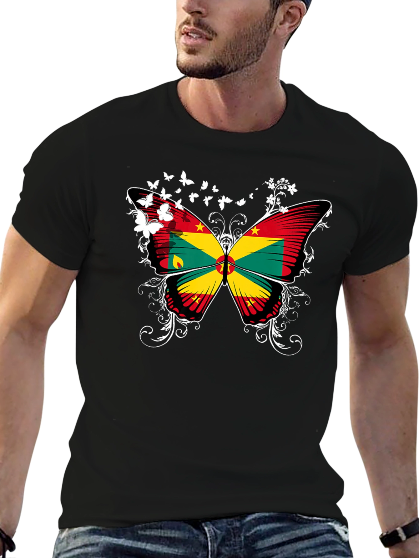 Grenada Butterfly Flag Black T-Shirt