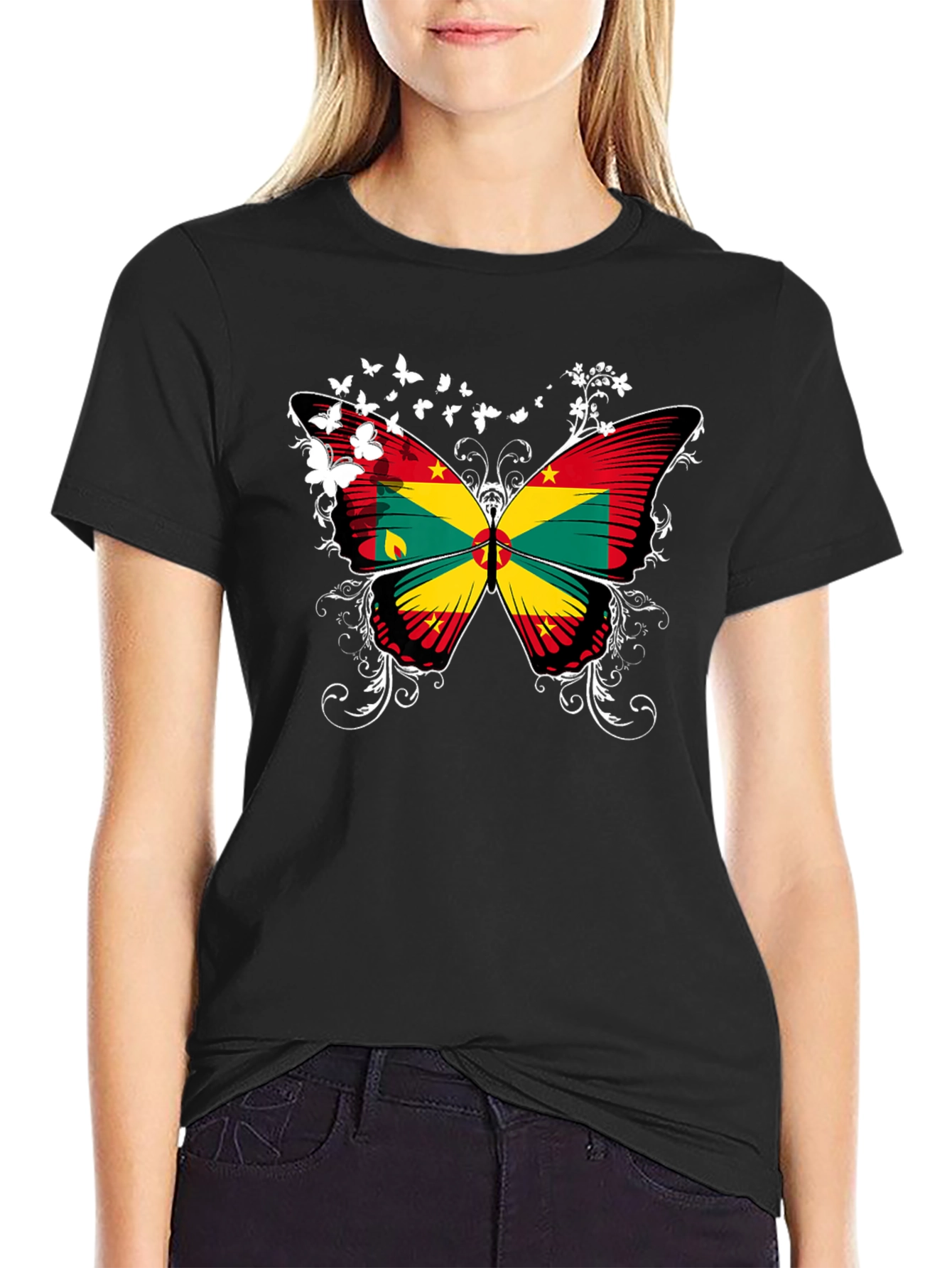Grenada Butterfly Flag Black T-Shirt