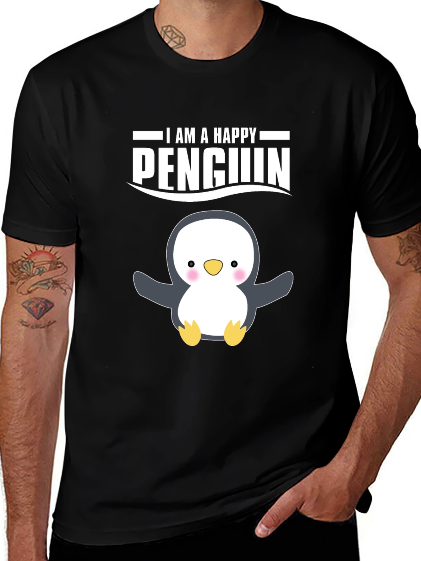 Happy Penguin Graphic Tee - Black Cotton T-Shirt