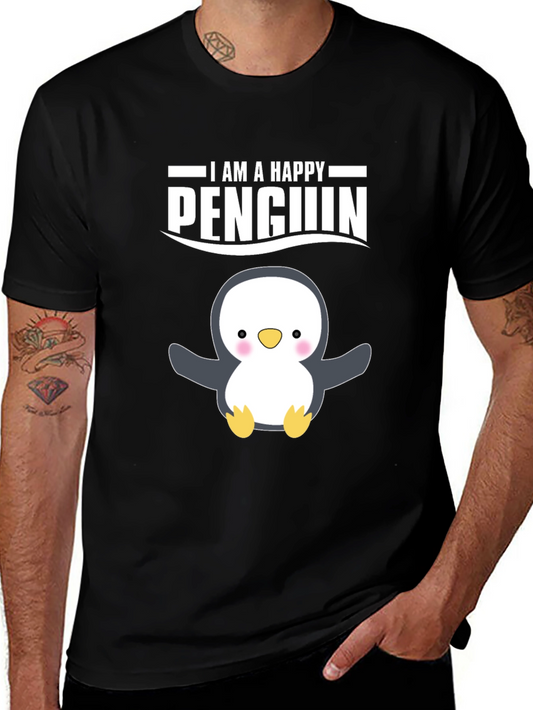 Happy Penguin Graphic Tee - Black Cotton T-Shirt