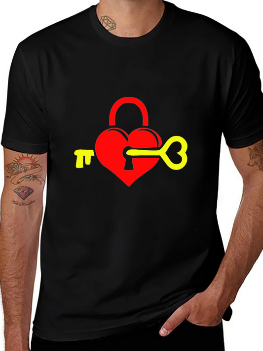 Heart Lock & Key Graphic Tee - Black Cotton Blend T-Shirt