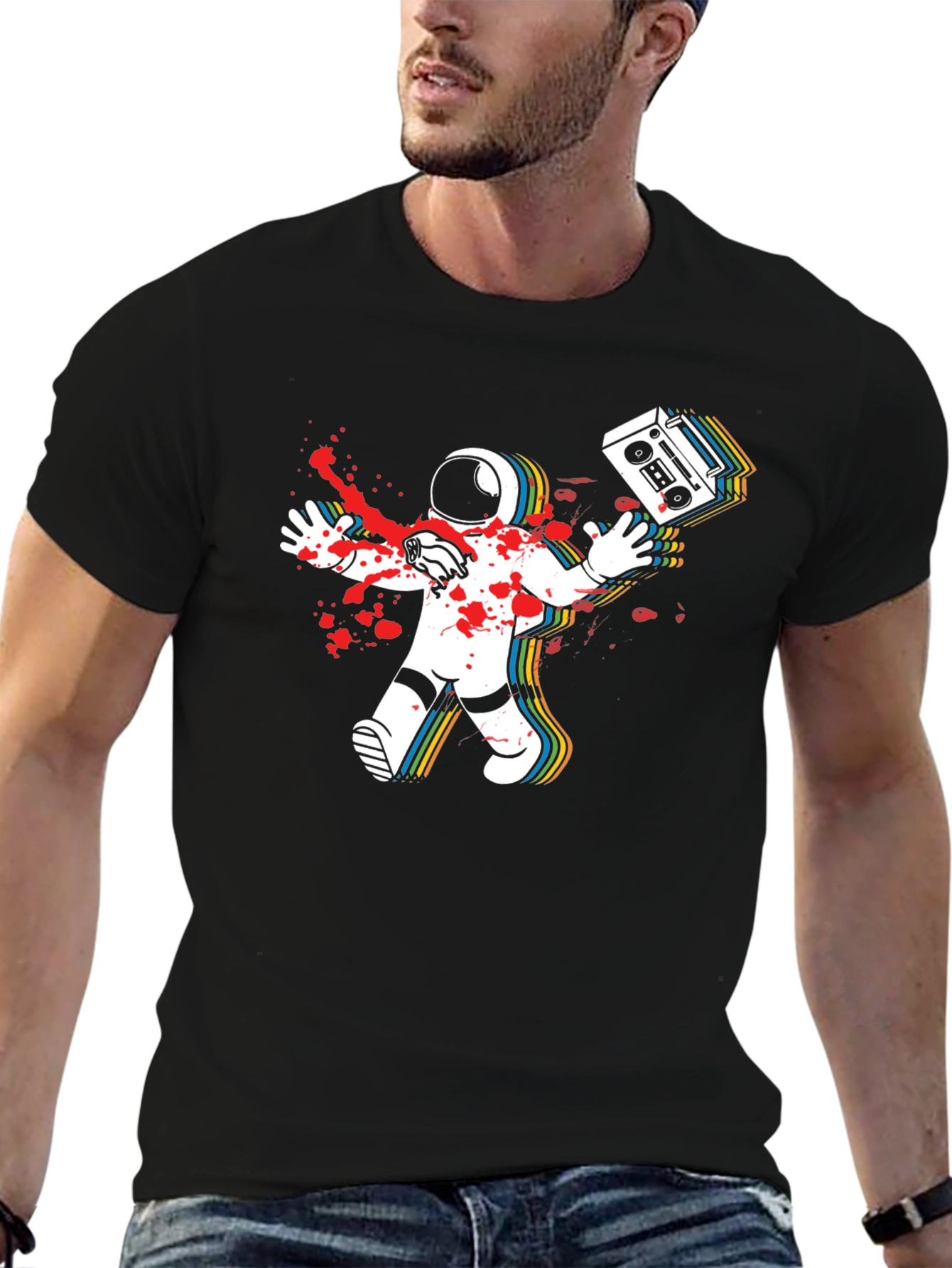 Astronaut Boombox Mens Black T-Shirt