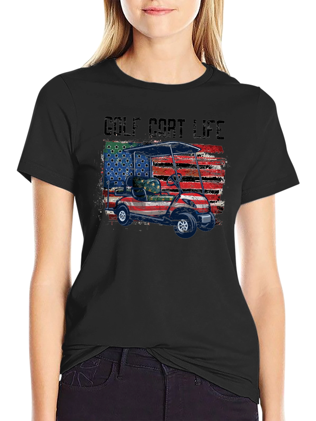 Golf Cart Life Tee - Patriotic USA Flag Design