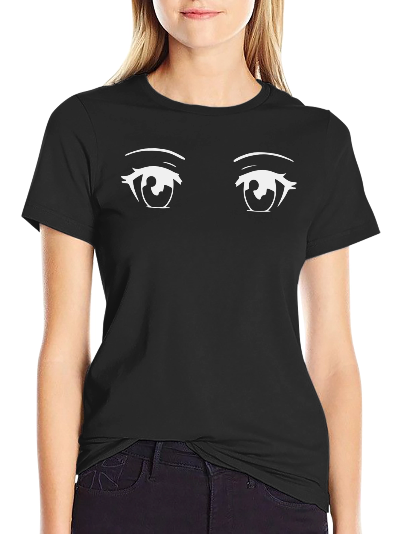 Anime Eyes Graphic Tee - Black Cotton T-Shirt