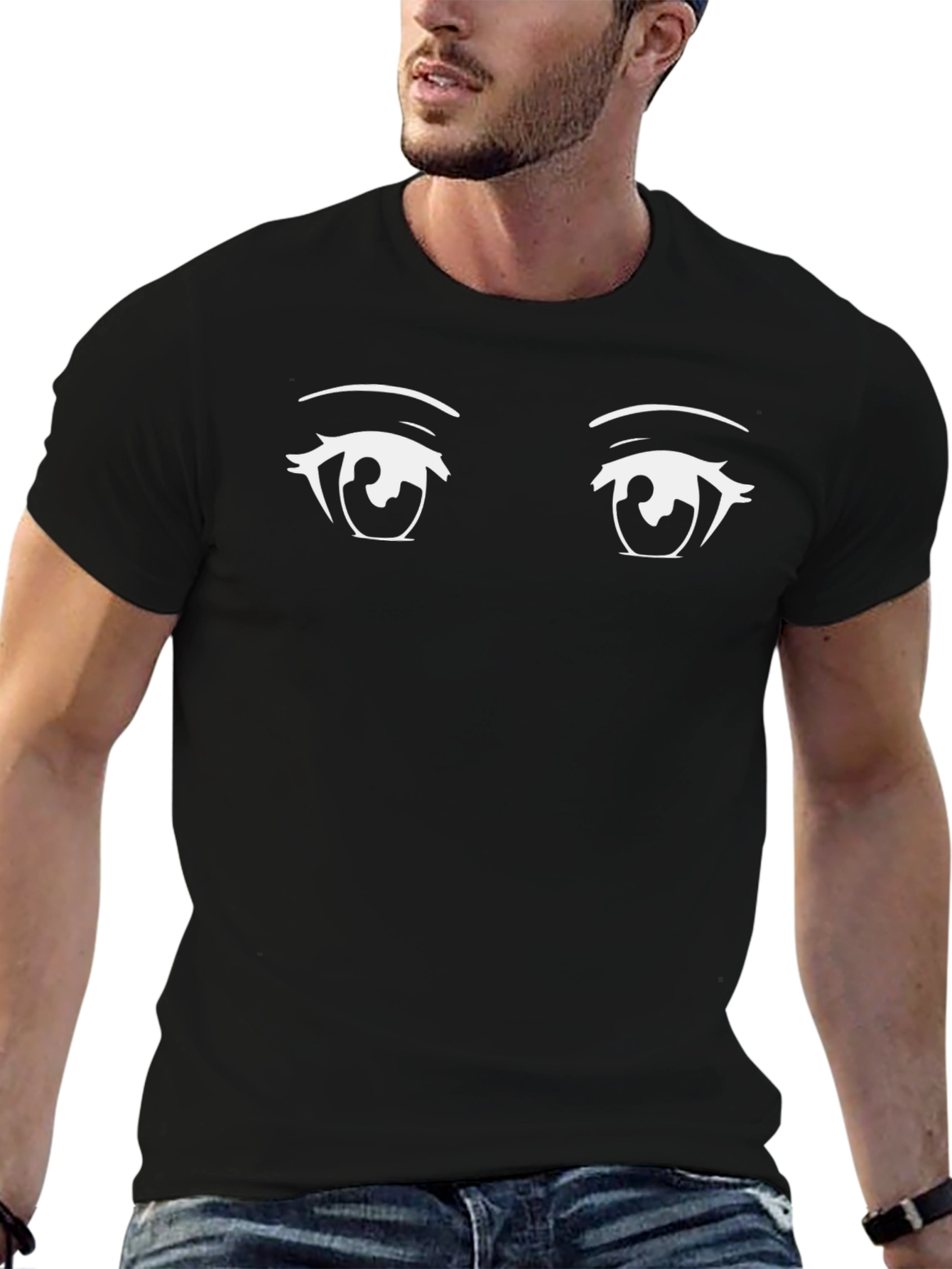 Anime Eyes Graphic Tee - Black Cotton T-Shirt