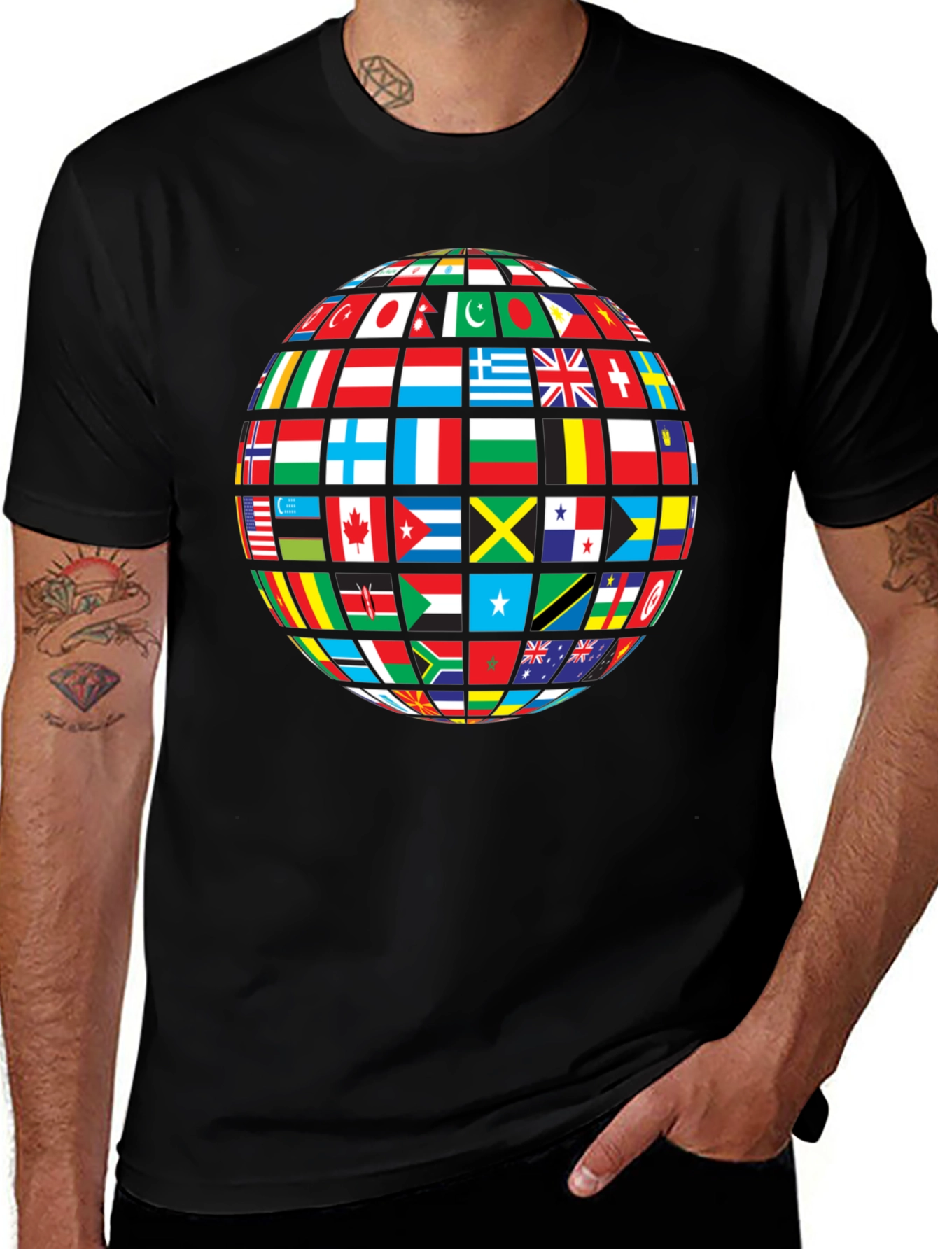 Global Flags Graphic Tee - Black Crew Neck Shirt