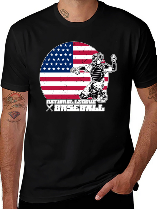 Baseball Catcher USA Flag Graphic T-Shirt