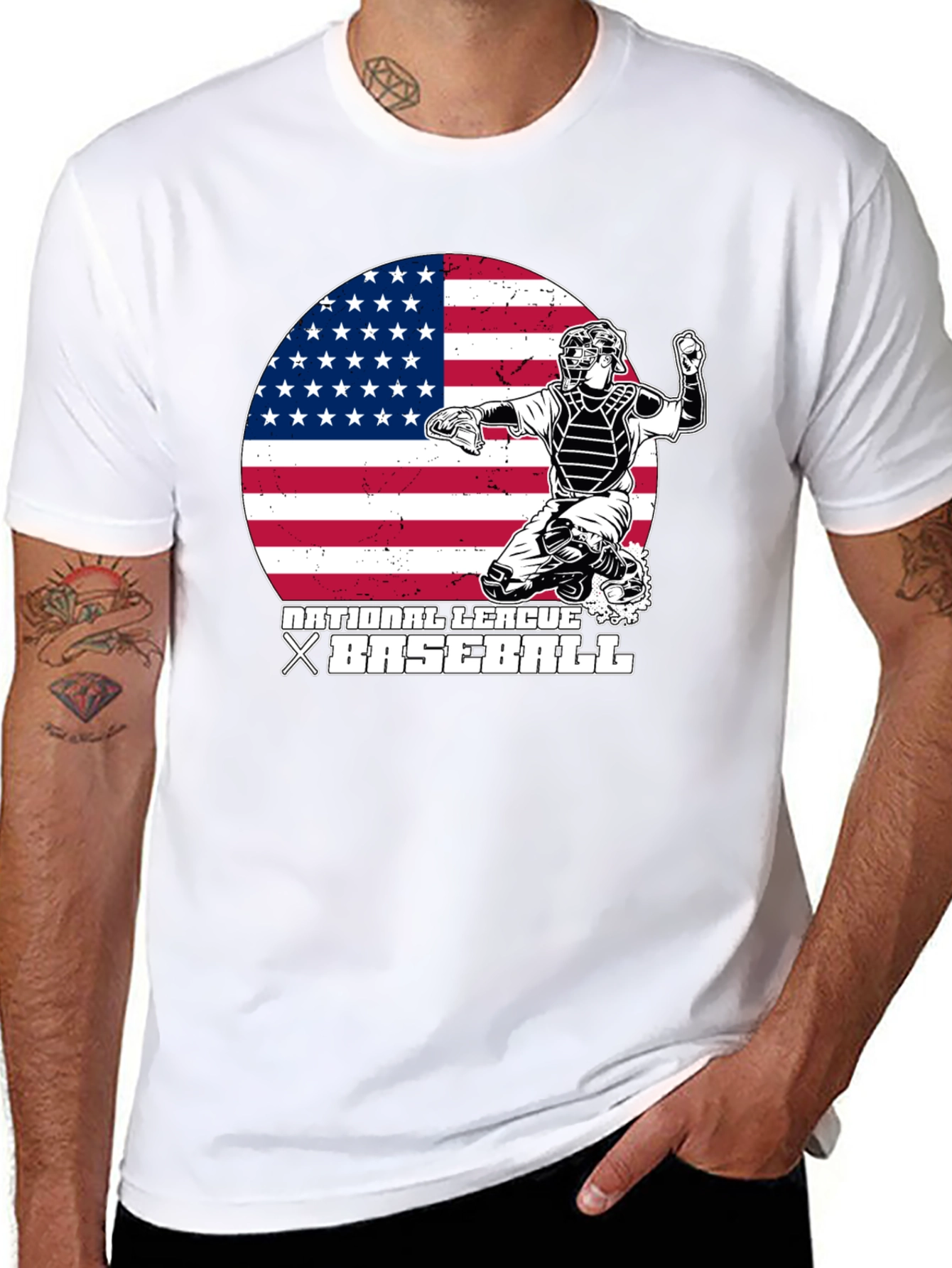 Baseball Catcher USA Flag Graphic T-Shirt