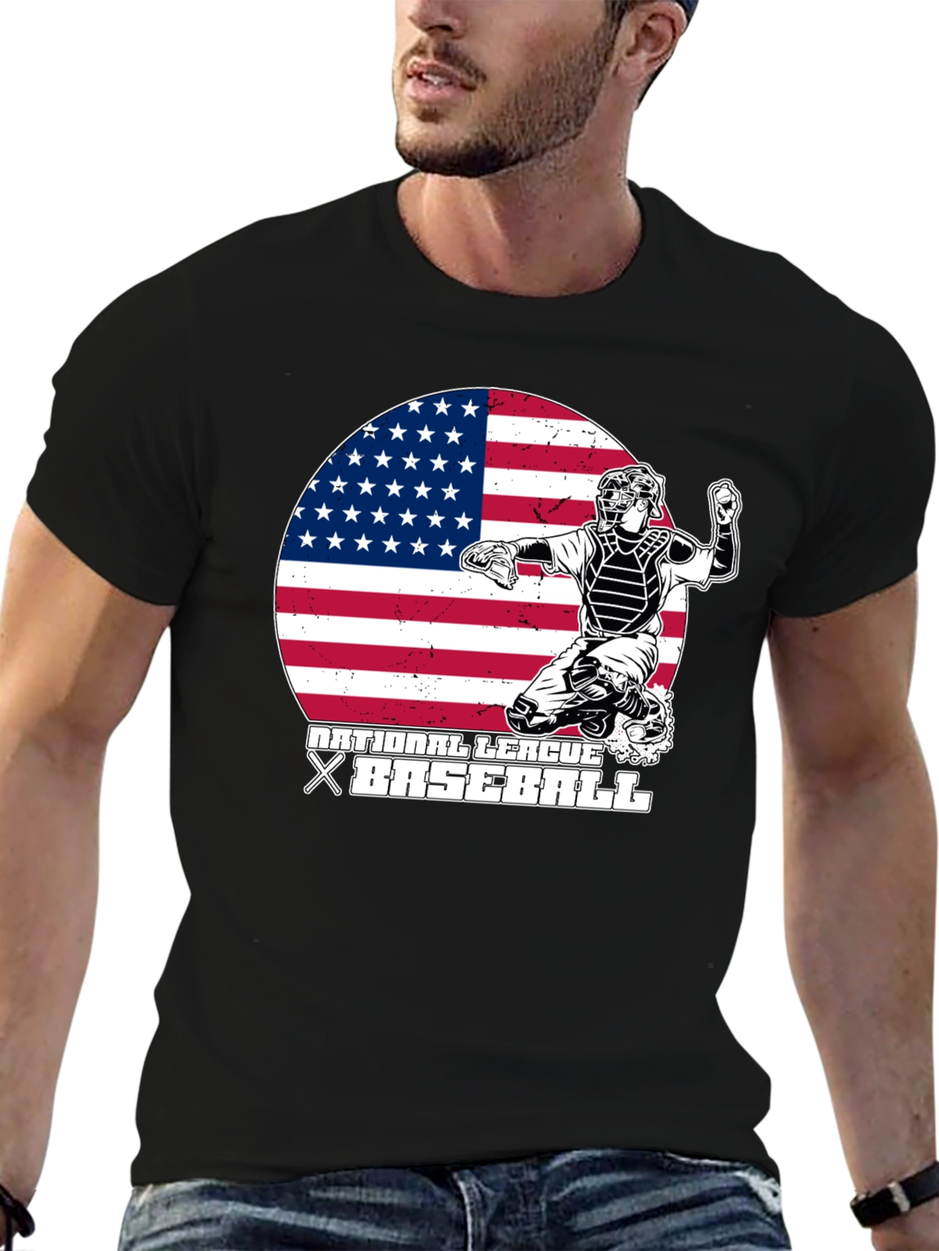 Baseball Catcher USA Flag Graphic T-Shirt