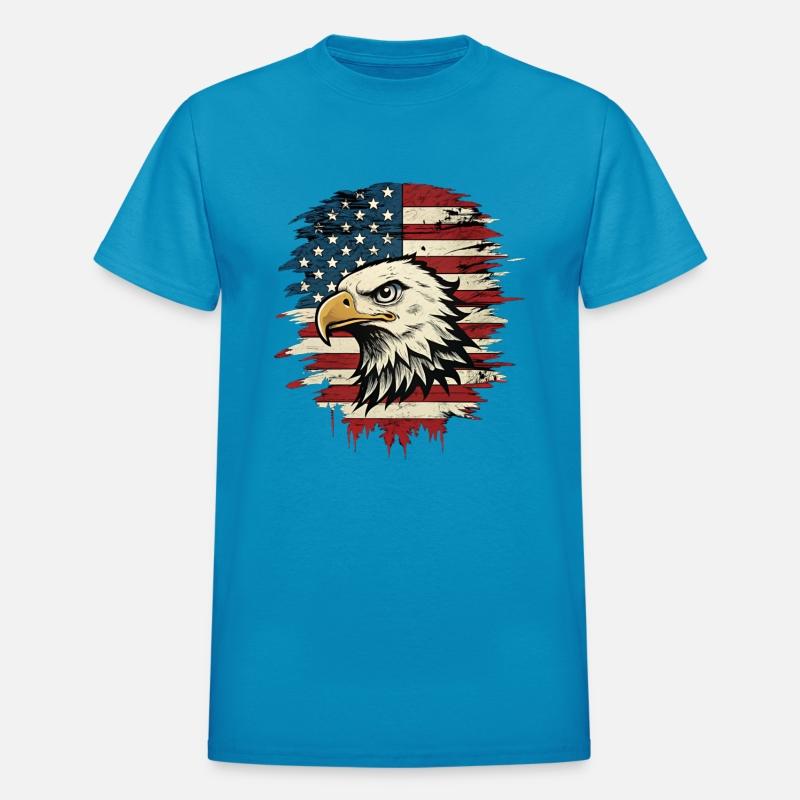 Head of an eagle in front of the American flag
