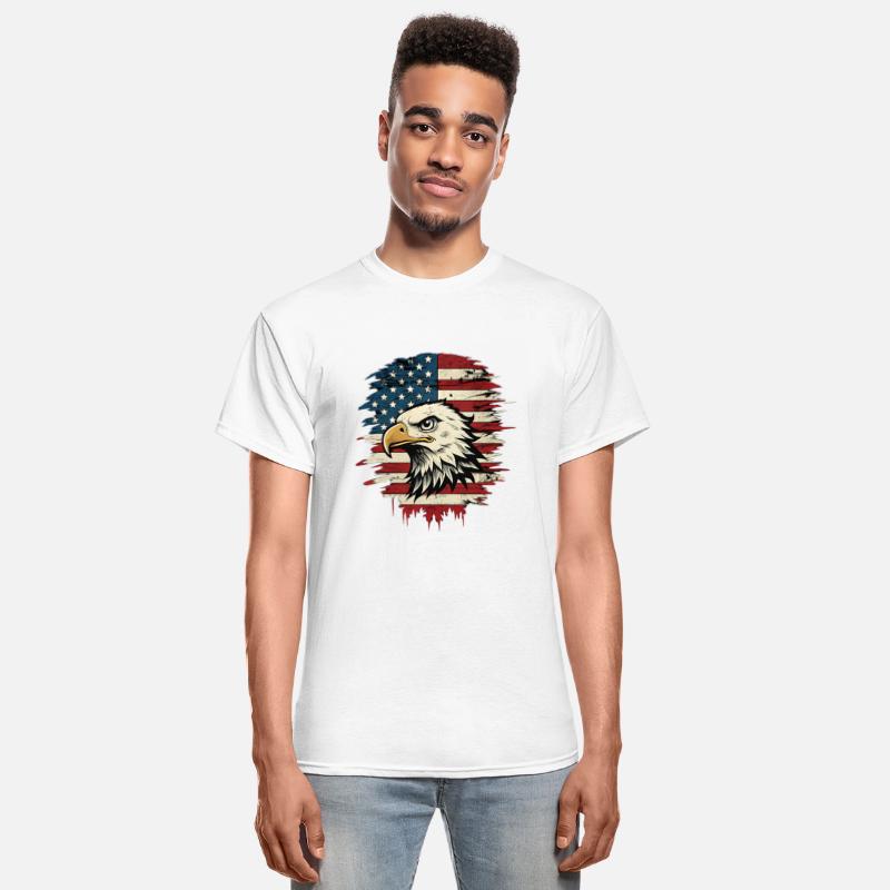 Head of an eagle in front of the American flag