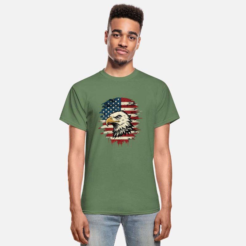 Head of an eagle in front of the American flag