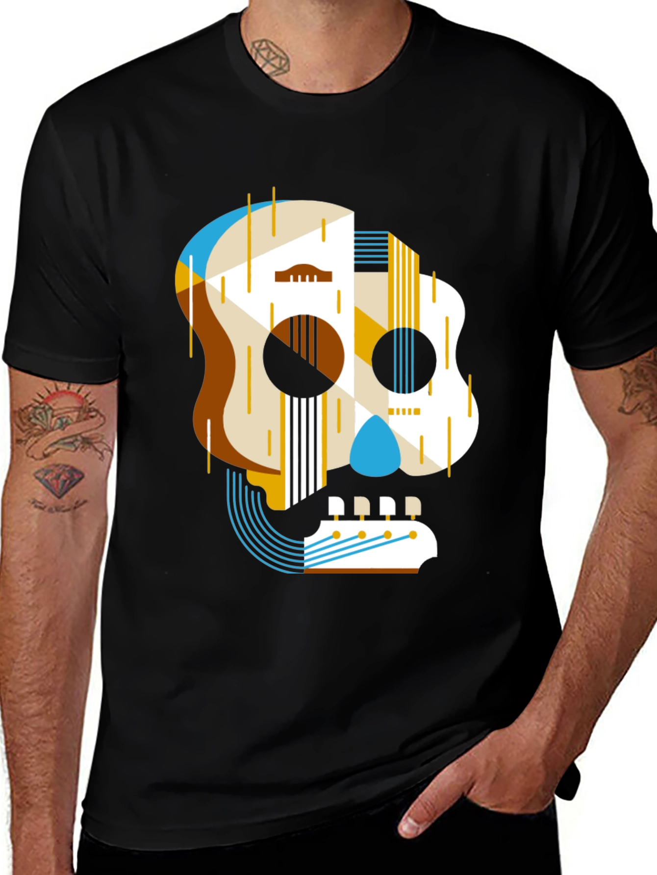 Guitar Skull Graphic Print Mens Black T-Shirt