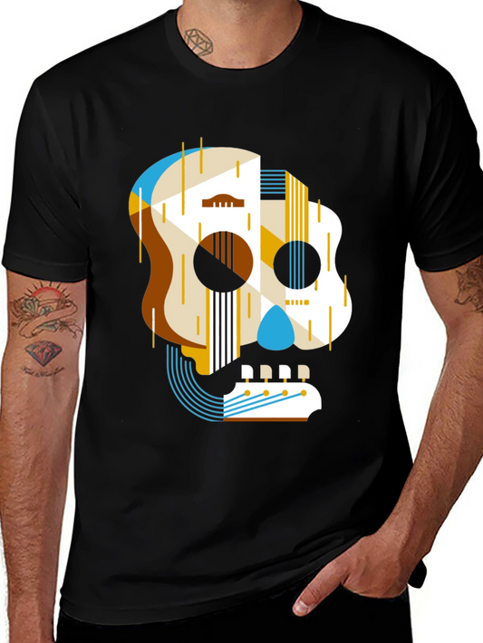 Guitar Skull Graphic Print Mens Black T-Shirt
