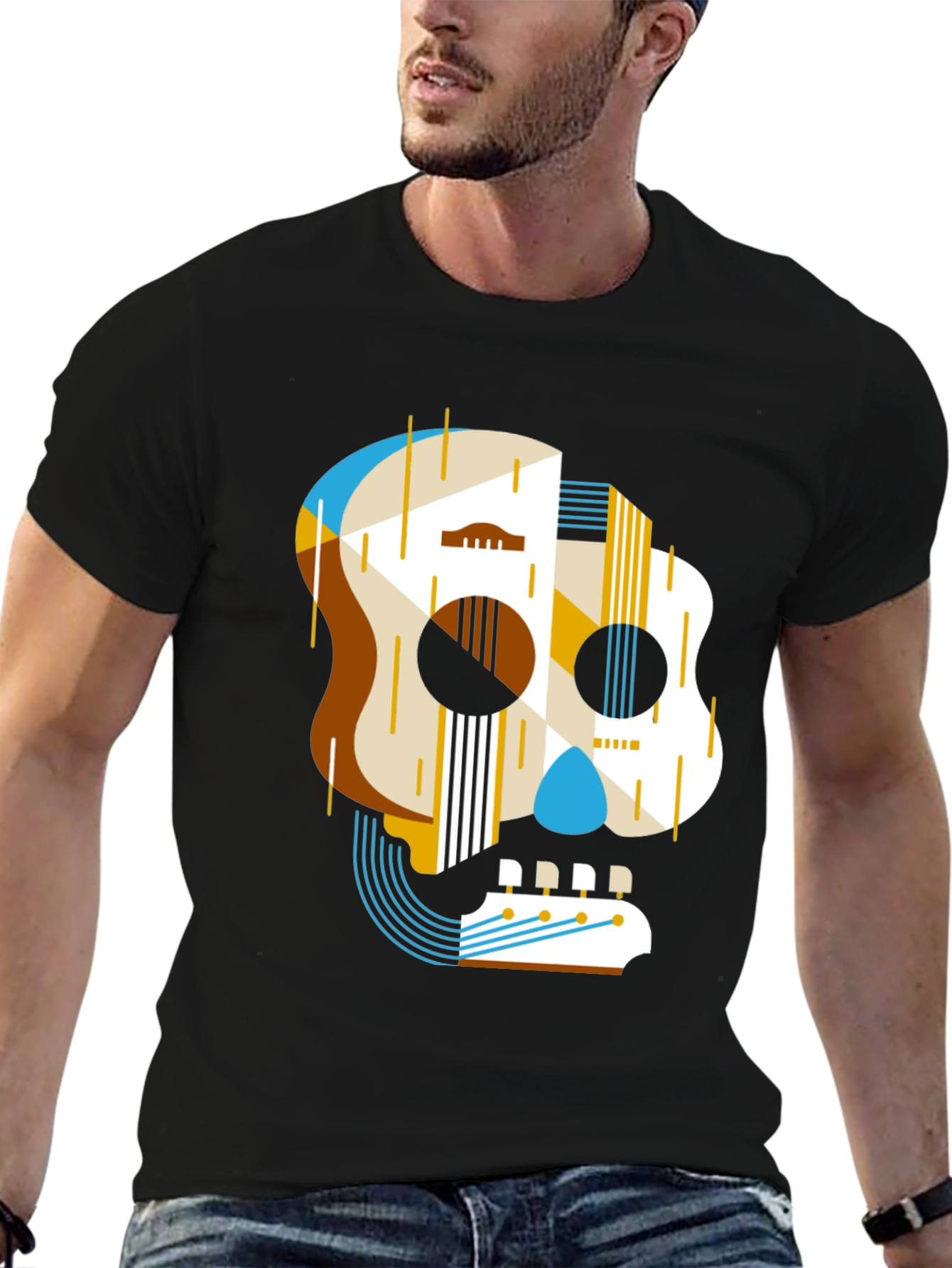 Guitar Skull Graphic Print Mens Black T-Shirt