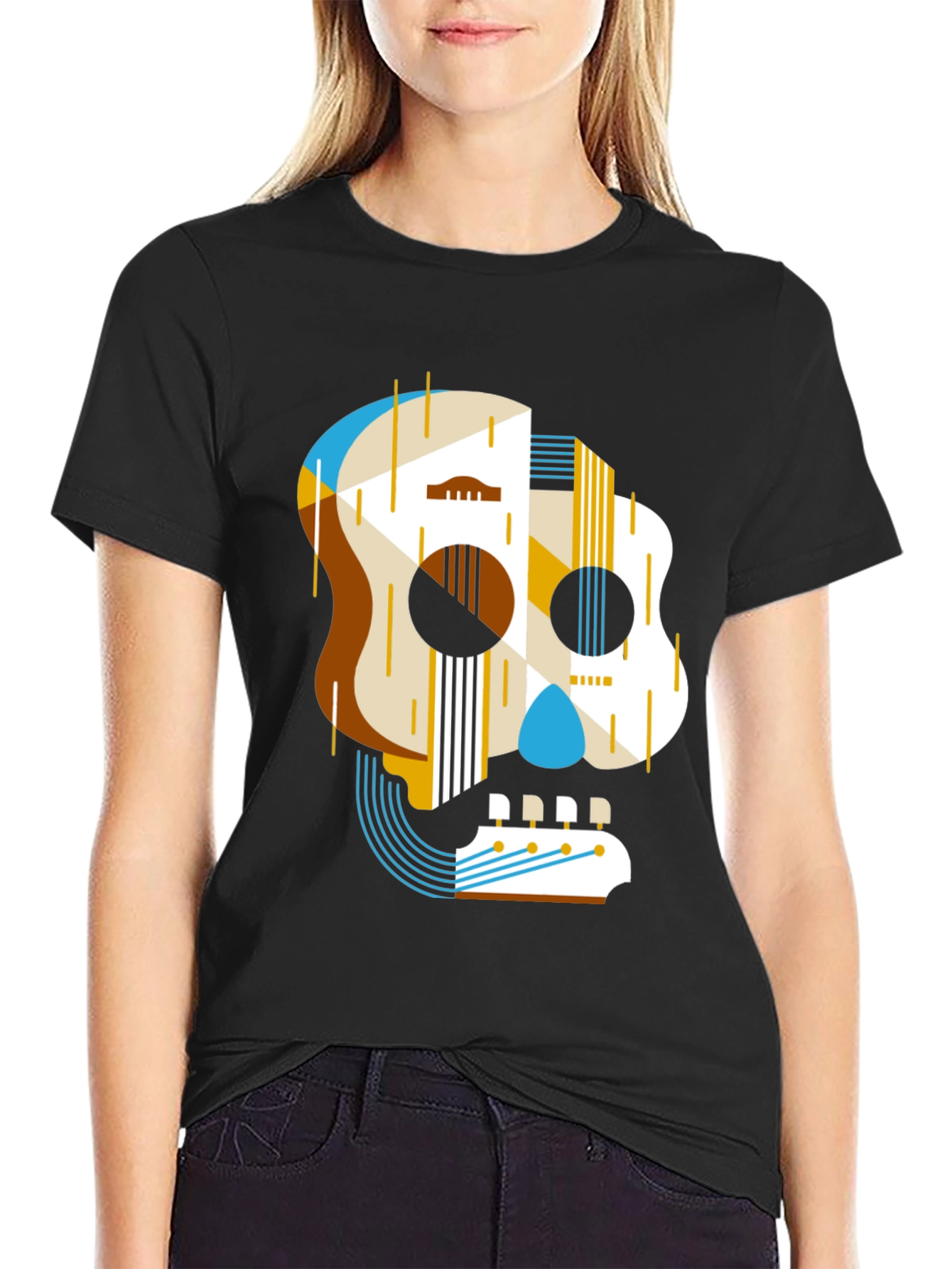 Guitar Skull Graphic Print Mens Black T-Shirt