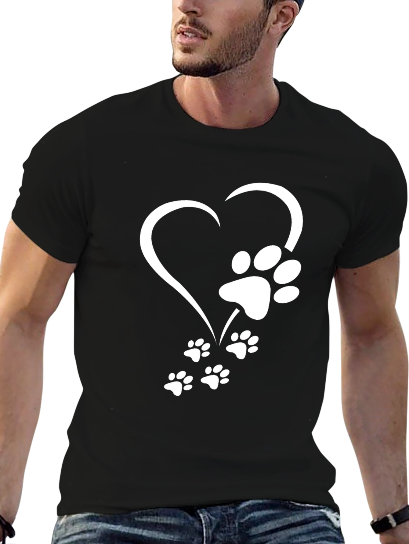 Heart Paw Print Graphic Tee - Black Casual T-Shirt