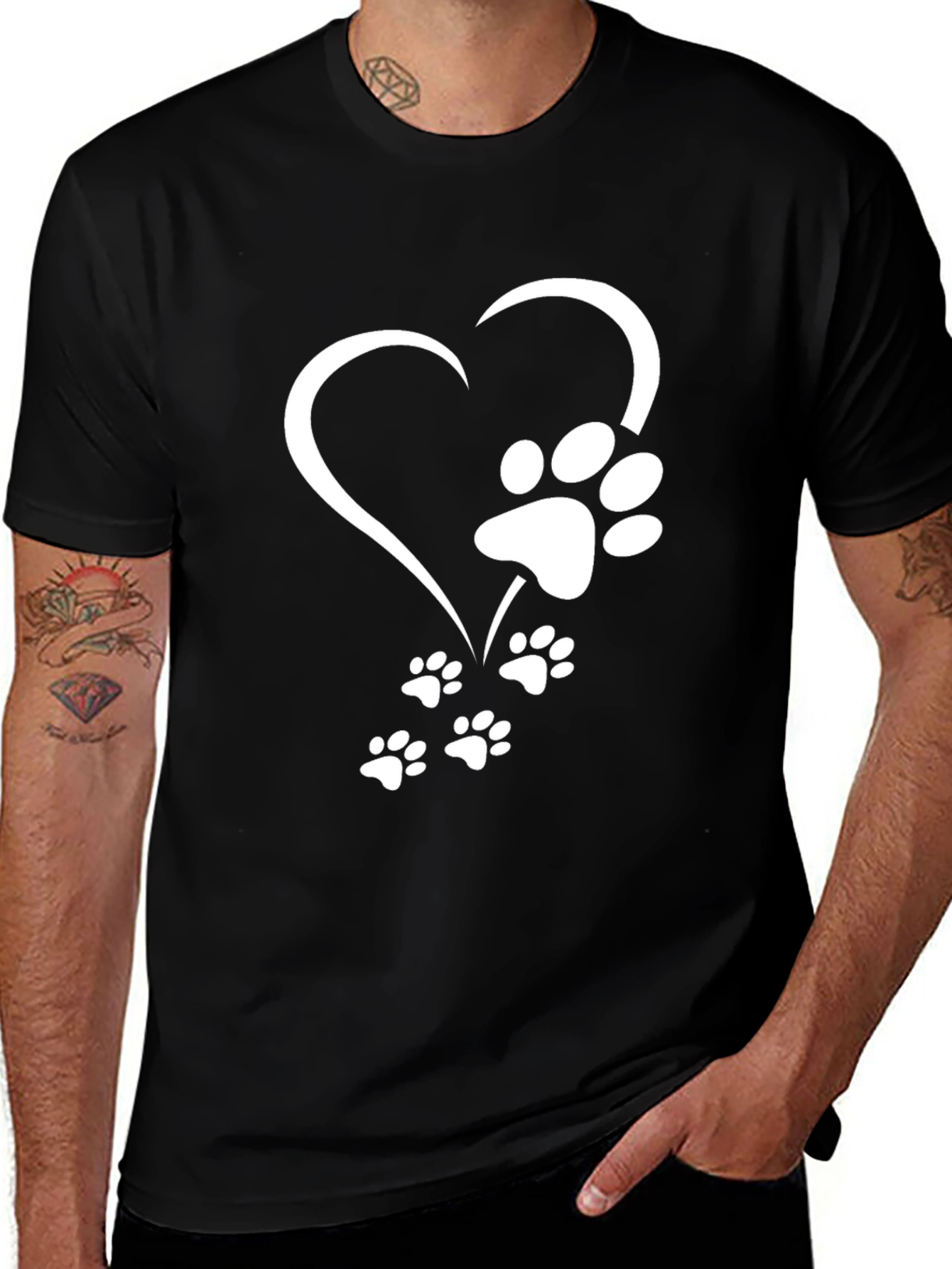 Heart Paw Print Graphic Tee - Black Casual T-Shirt