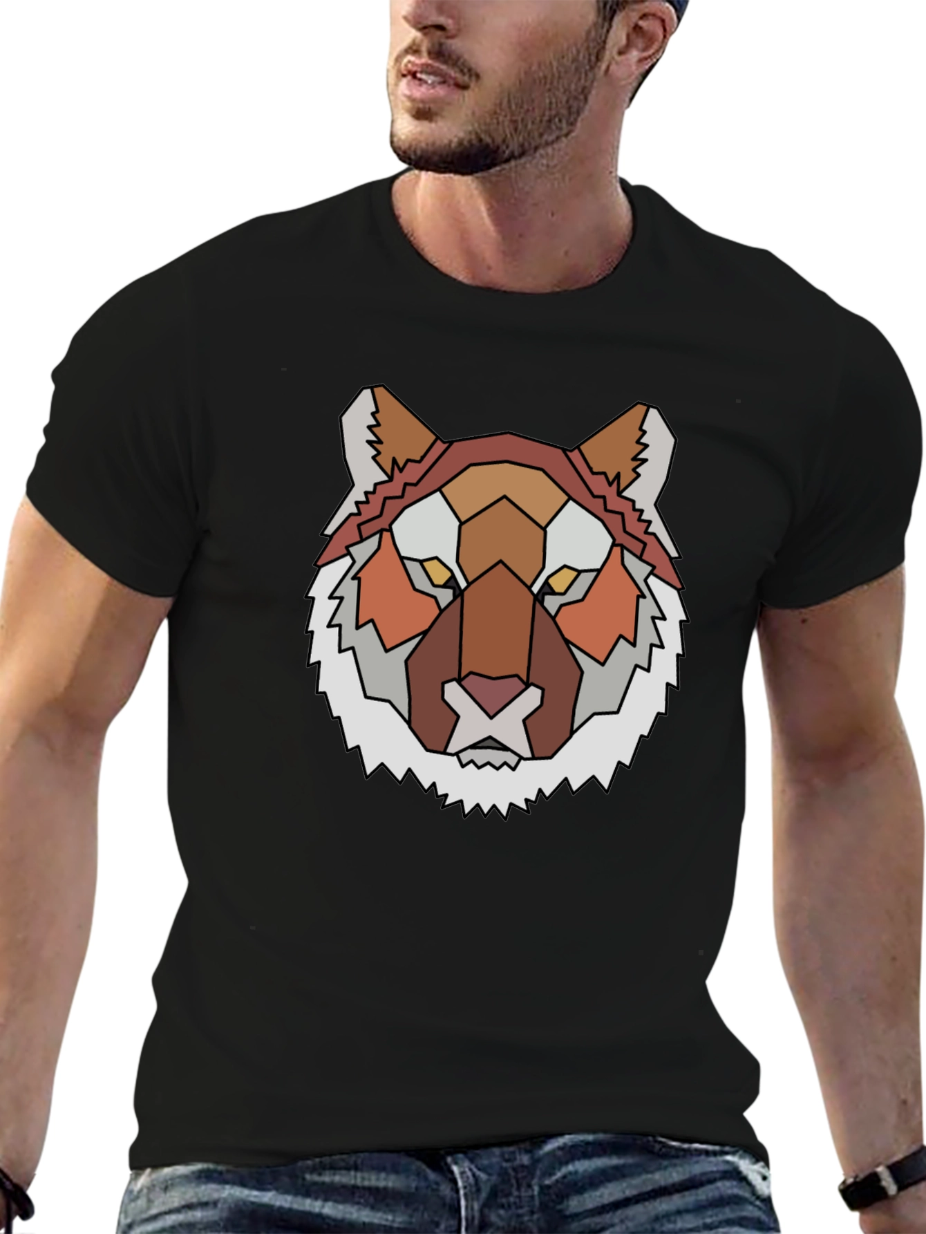 Geometric Tiger Graphic Tee - Unique Mens Black T-Shirt