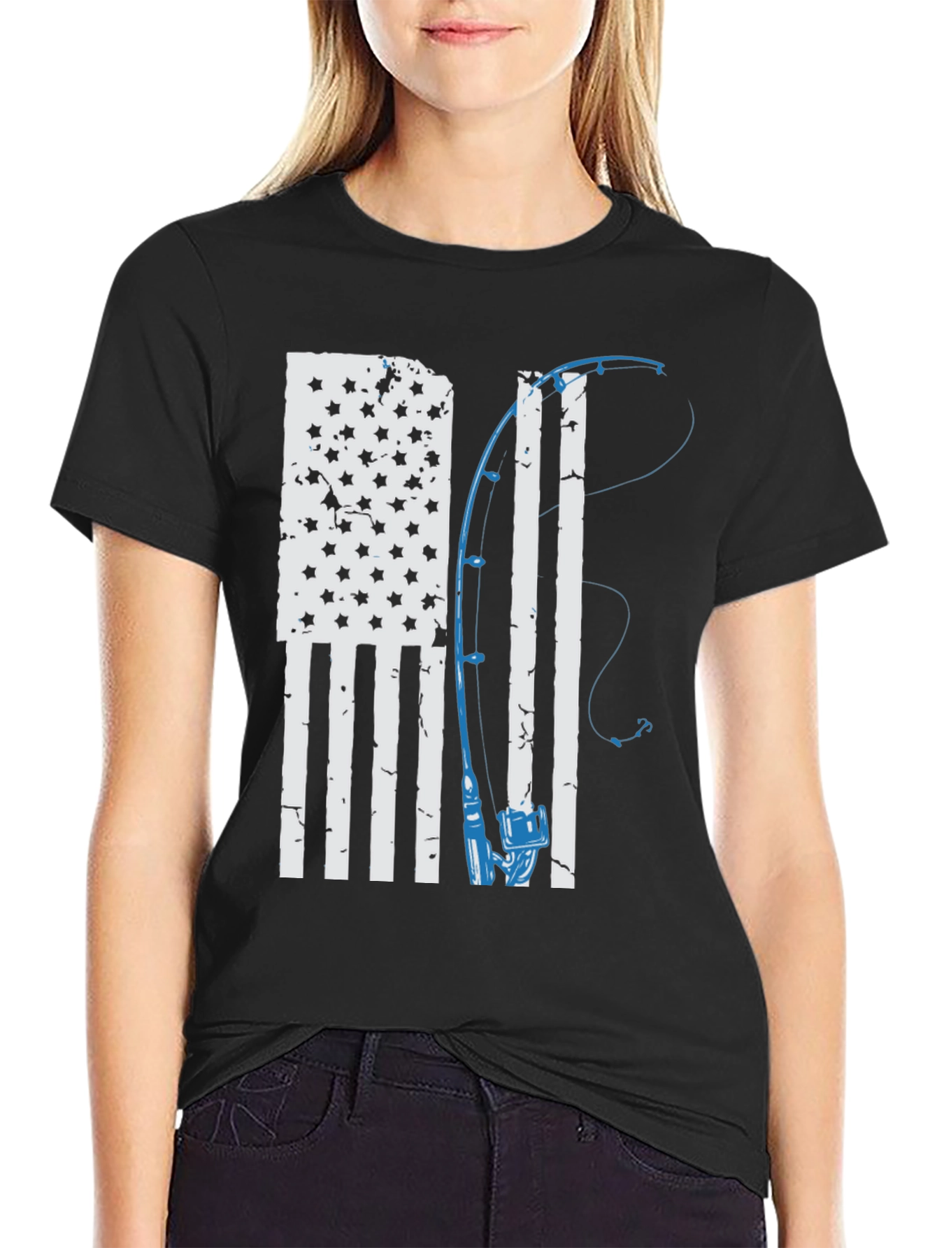 American Flag Fishing Rod Graphic T-Shirt