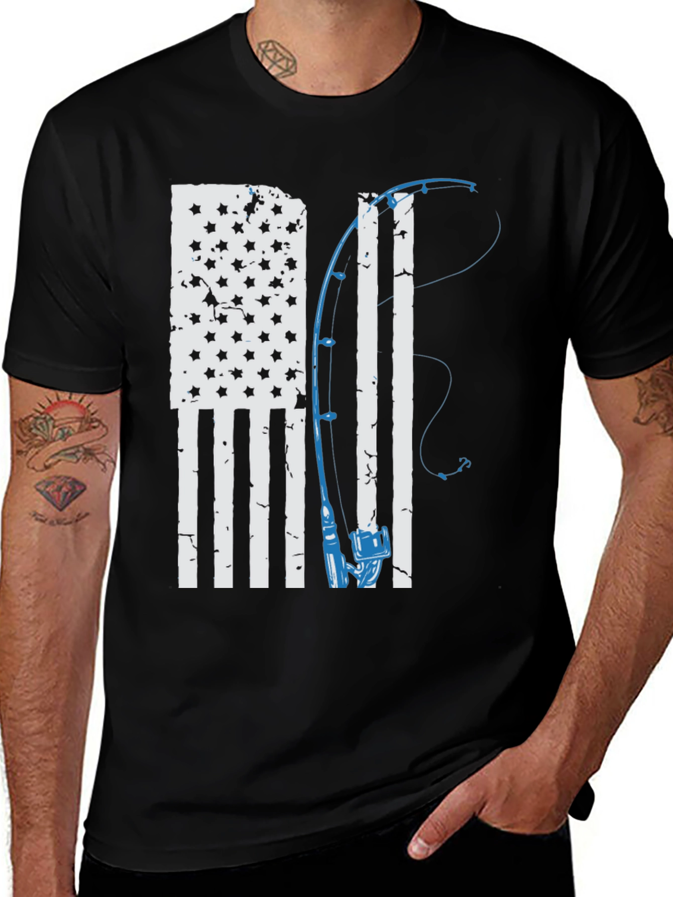 American Flag Fishing Rod Graphic T-Shirt