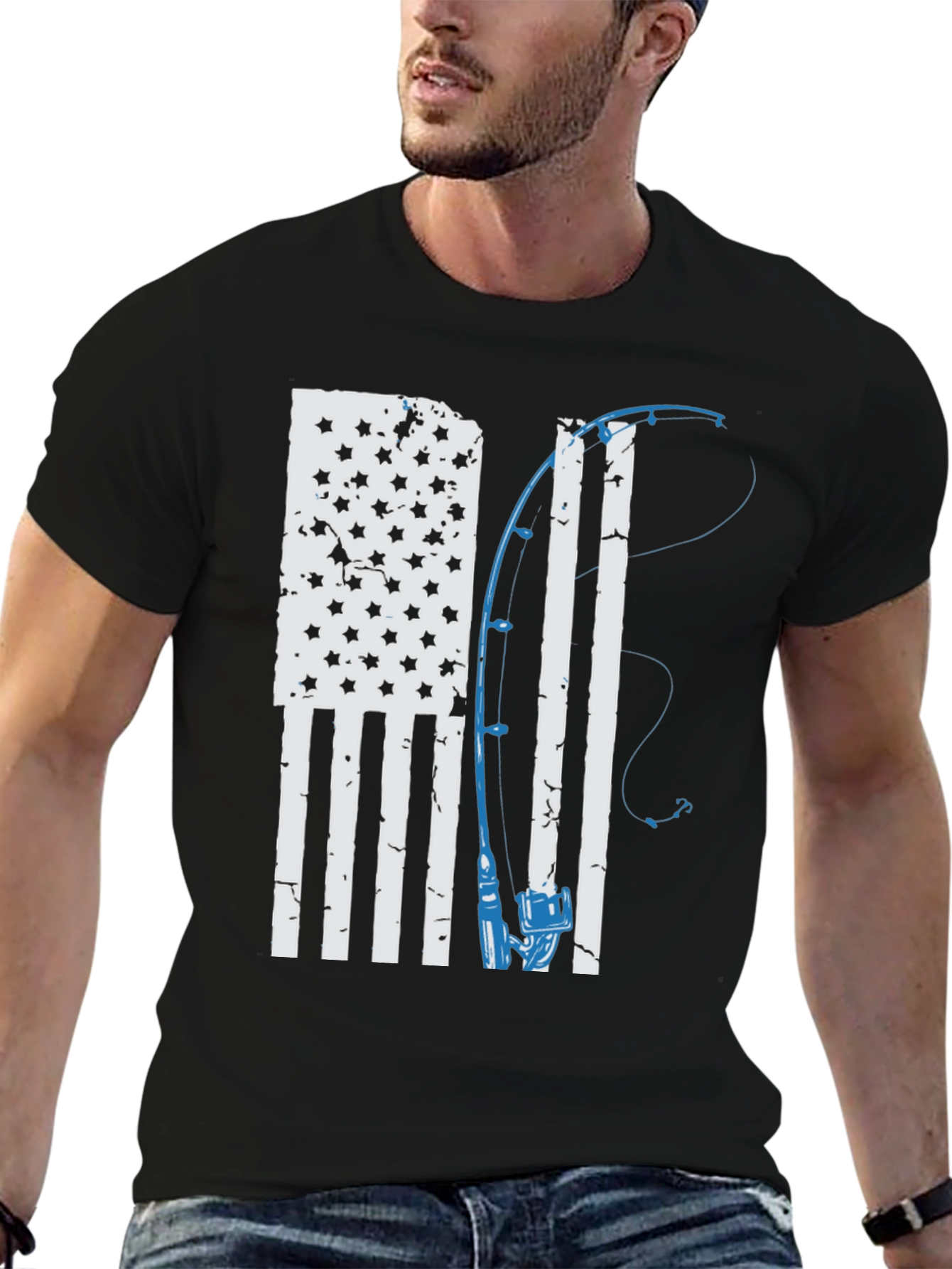 American Flag Fishing Rod Graphic T-Shirt