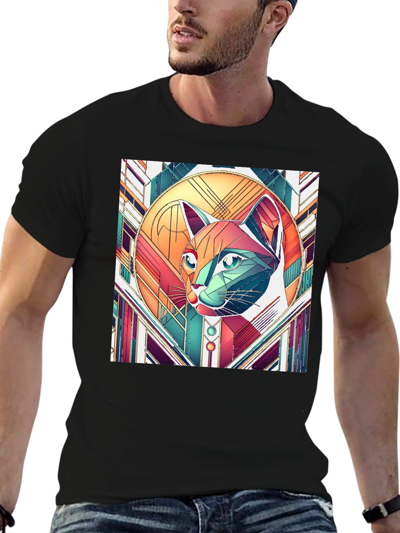 Geometric Cat Art T-Shirt - Modern Graphic Tee