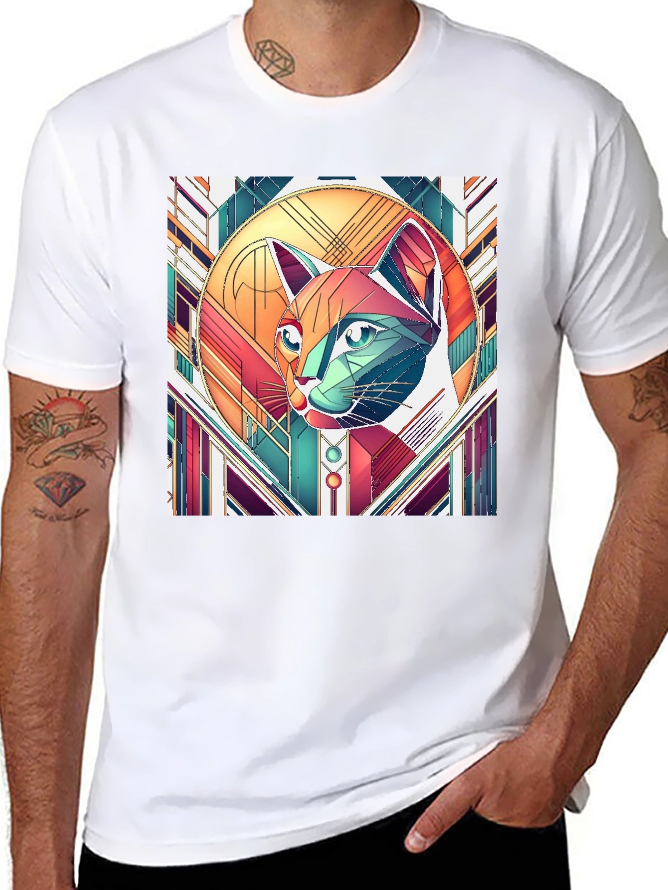 Geometric Cat Art T-Shirt - Modern Graphic Tee