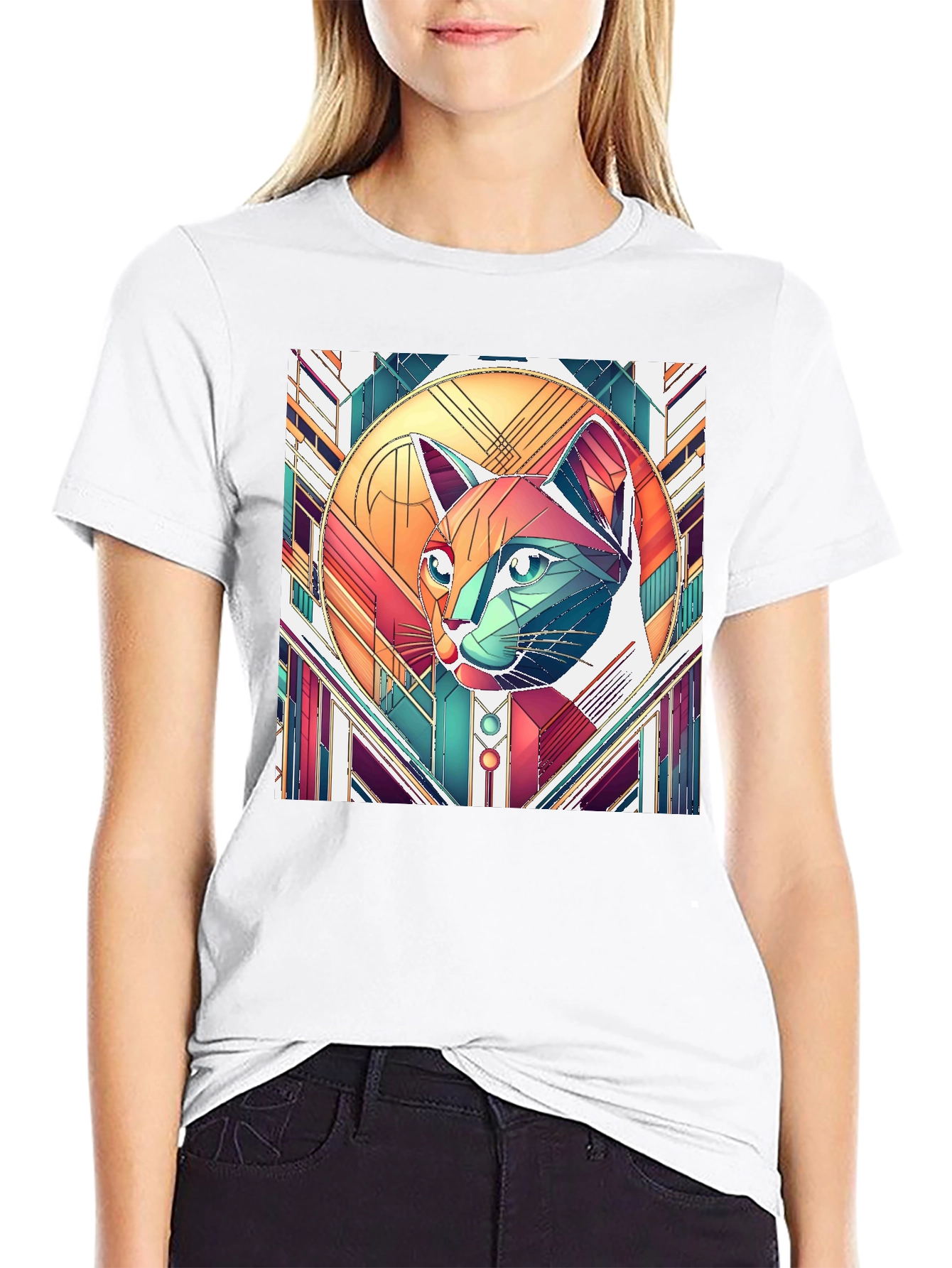 Geometric Cat Art T-Shirt - Modern Graphic Tee