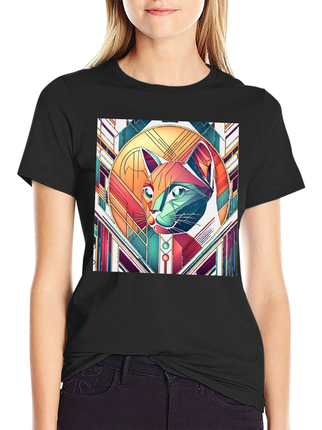 Geometric Cat Art T-Shirt - Modern Graphic Tee