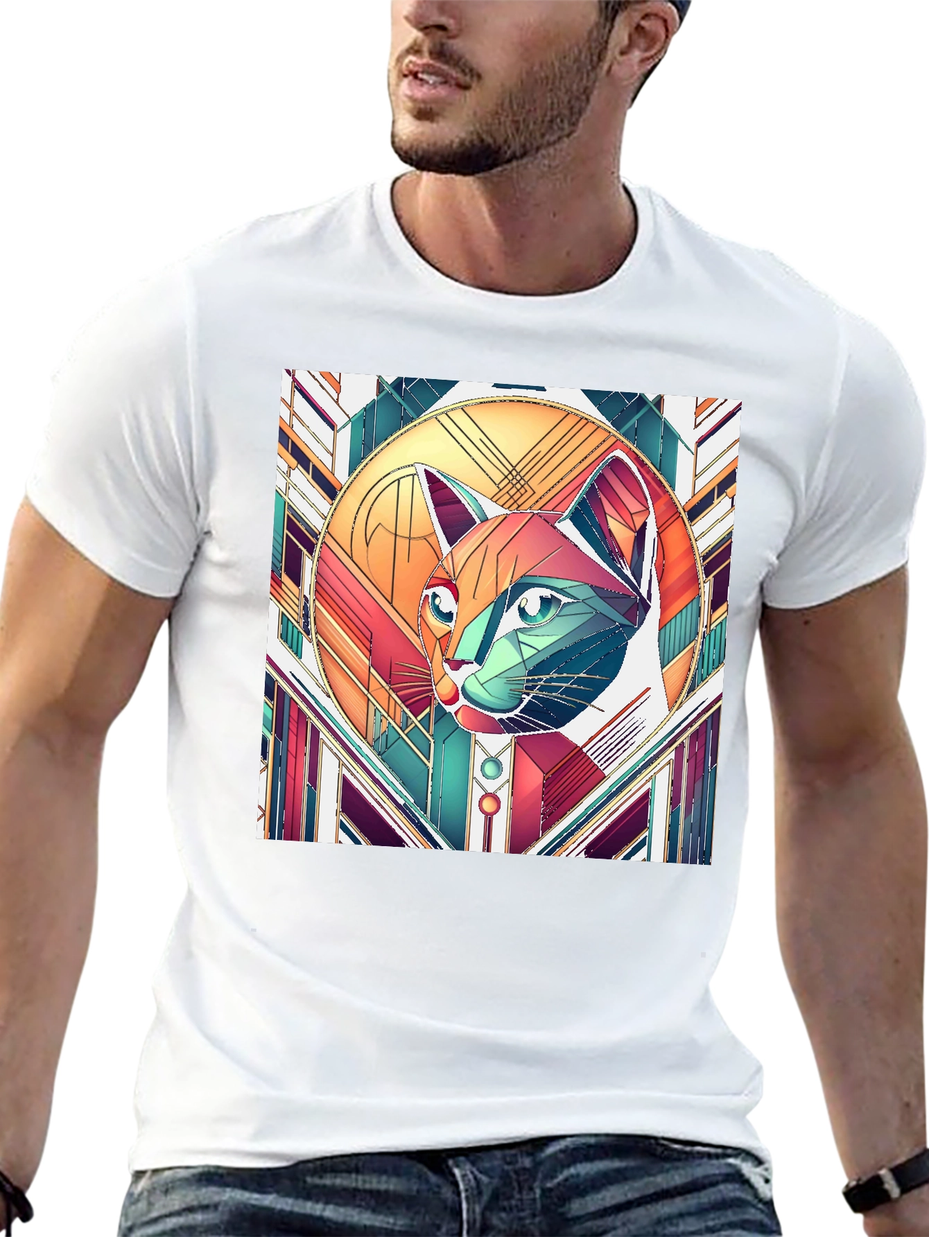Geometric Cat Art T-Shirt - Modern Graphic Tee