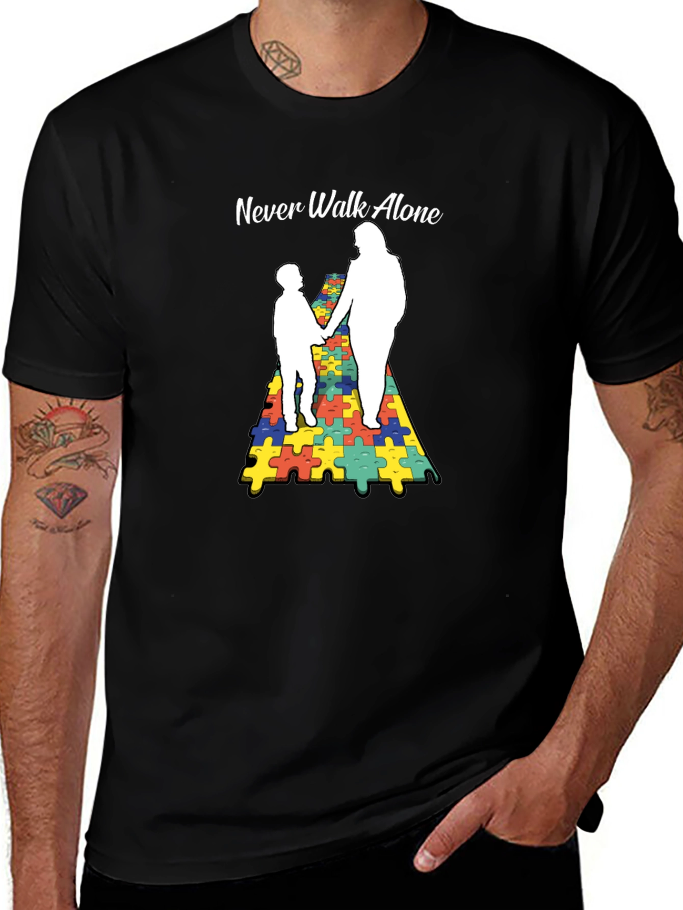 Autism Awareness Tee: Never Walk Alone Puzzle Graphic