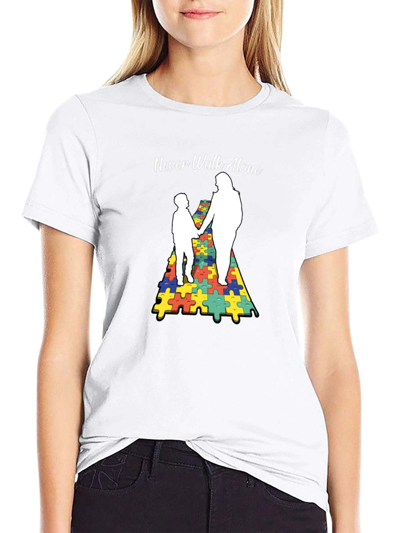 Autism Awareness Tee: Never Walk Alone Puzzle Graphic