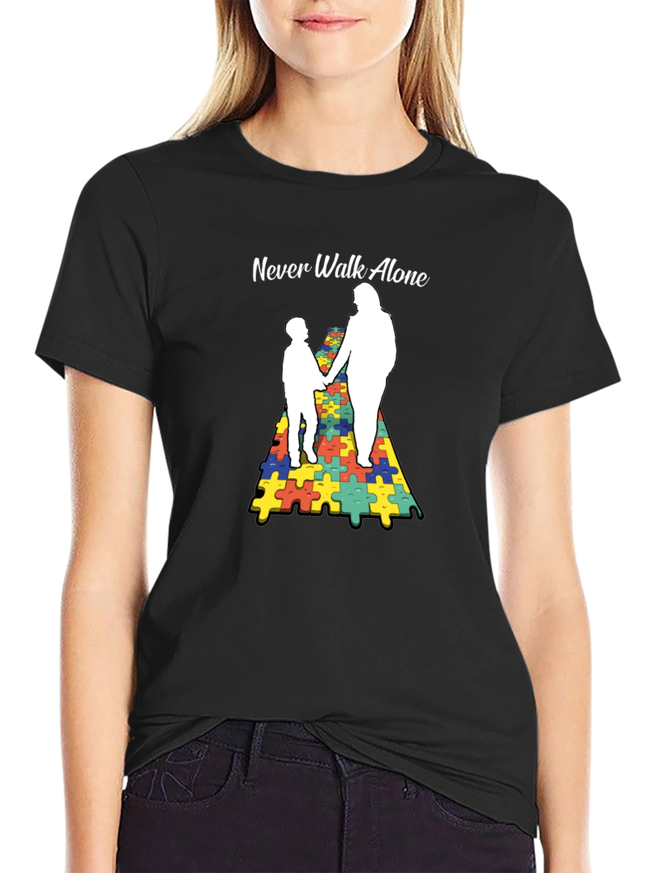 Autism Awareness Tee: Never Walk Alone Puzzle Graphic