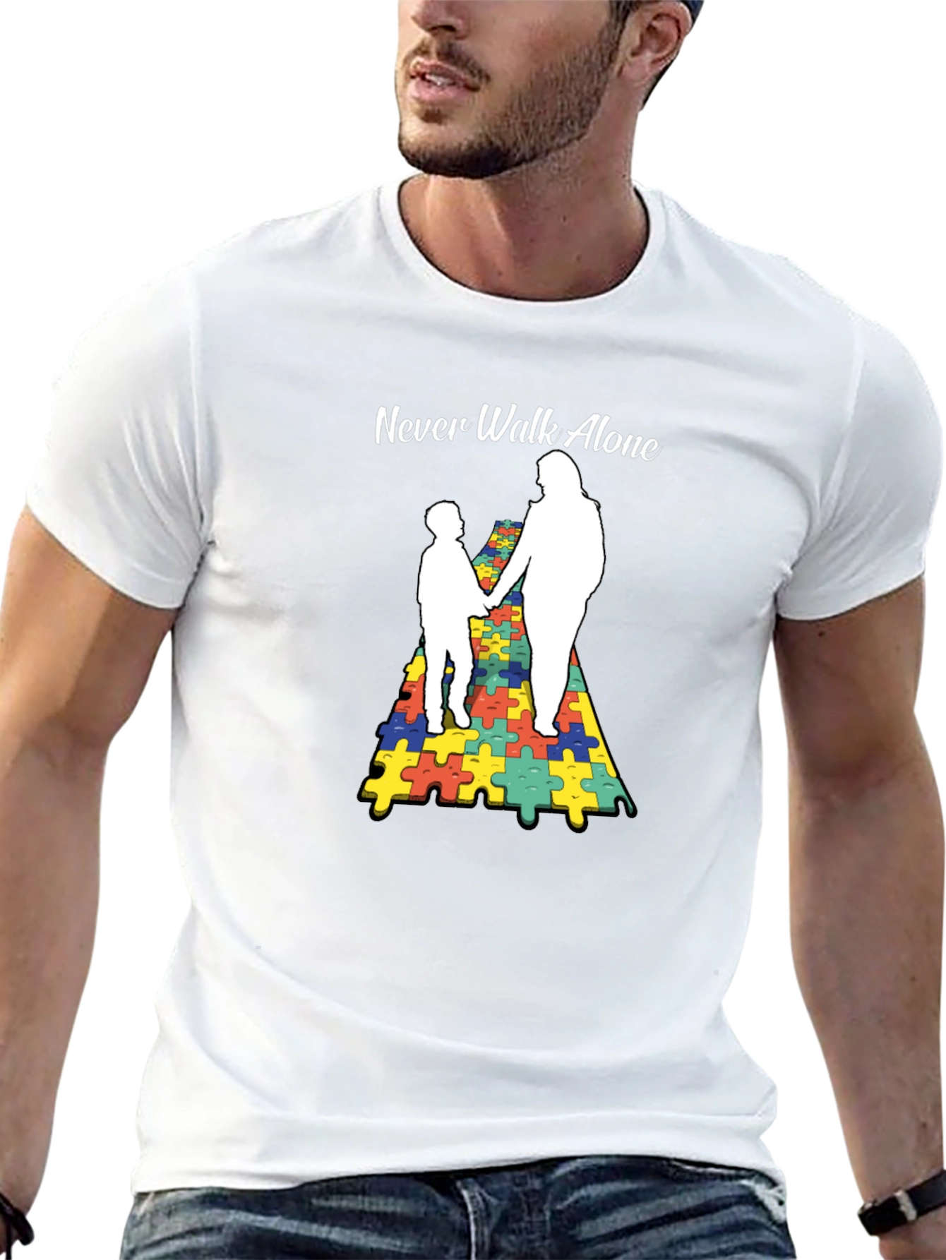 Autism Awareness Tee: Never Walk Alone Puzzle Graphic
