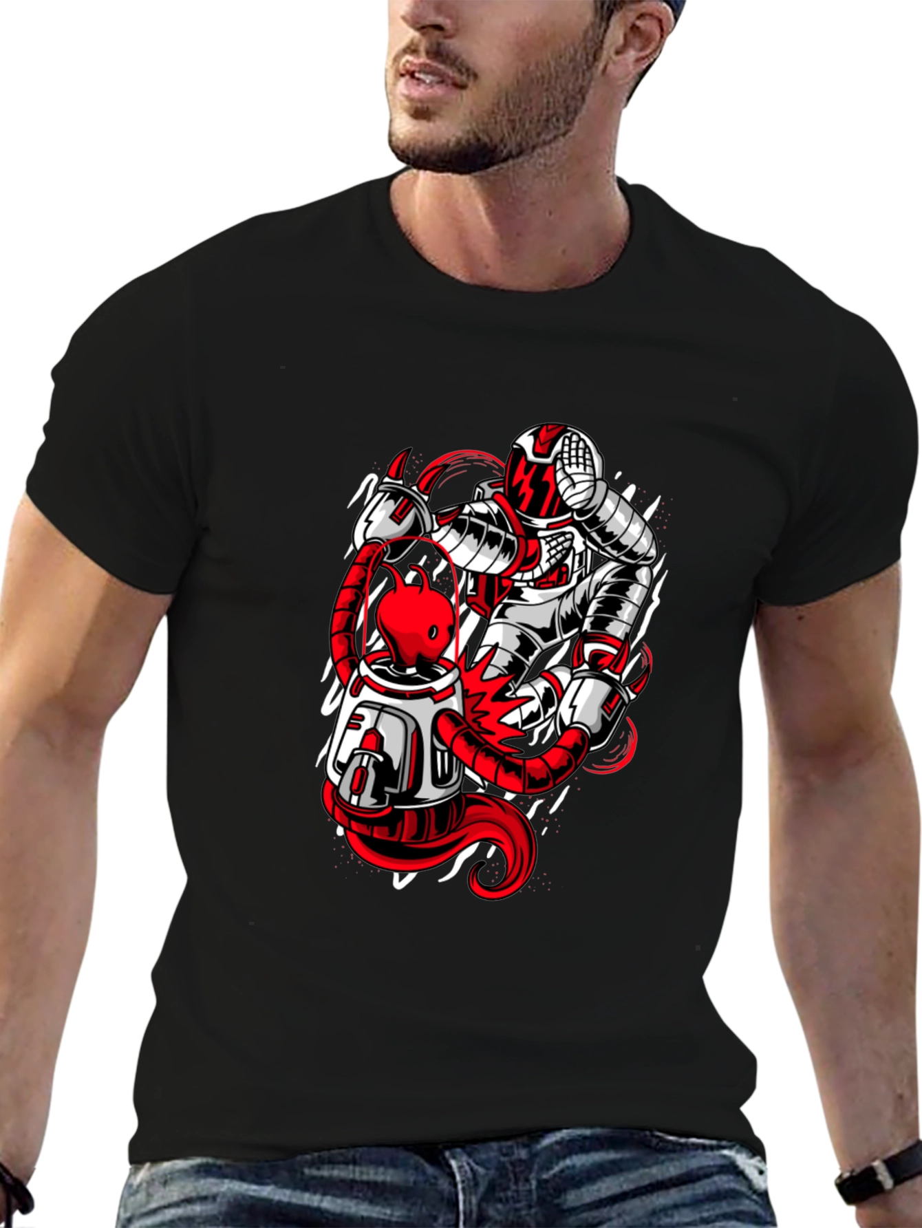 Astronaut and Alien Graphic Print Black T-Shirt