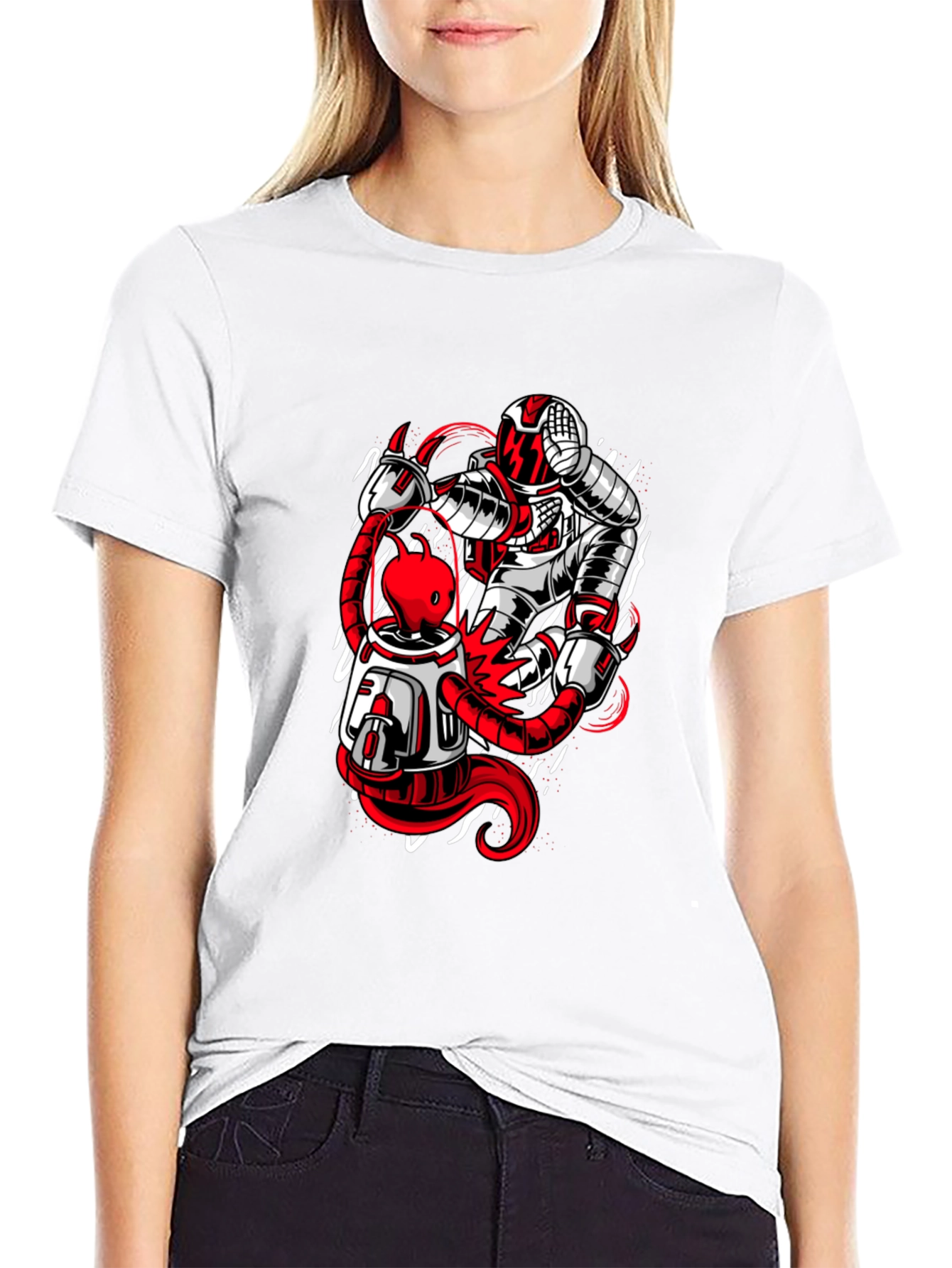 Astronaut and Alien Graphic Print Black T-Shirt
