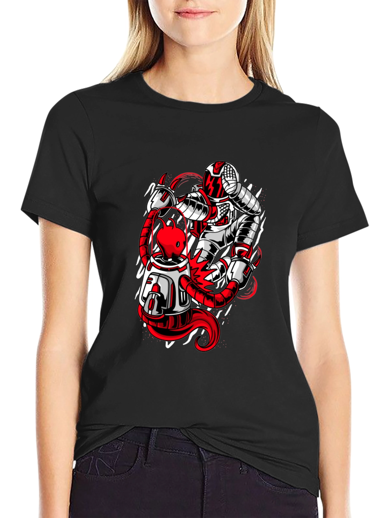 Astronaut and Alien Graphic Print Black T-Shirt