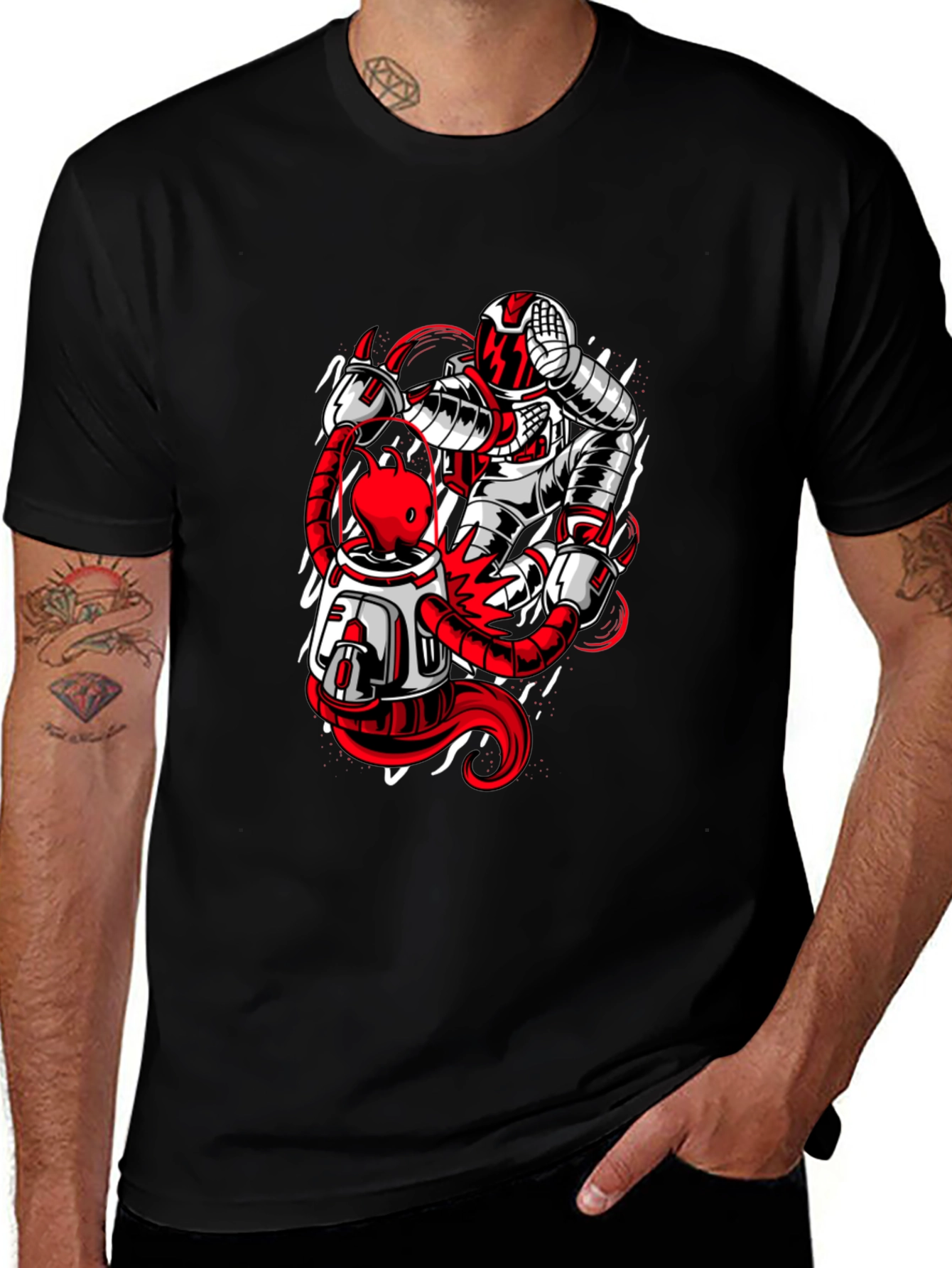 Astronaut and Alien Graphic Print Black T-Shirt