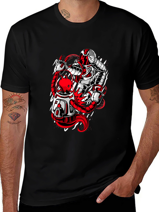 Astronaut and Alien Graphic Print Black T-Shirt