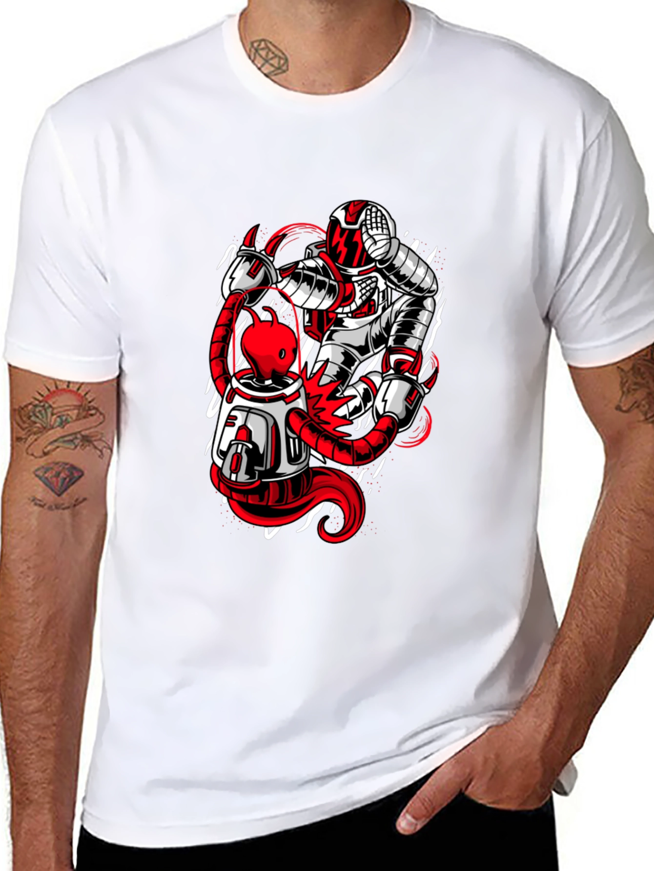 Astronaut and Alien Graphic Print Black T-Shirt