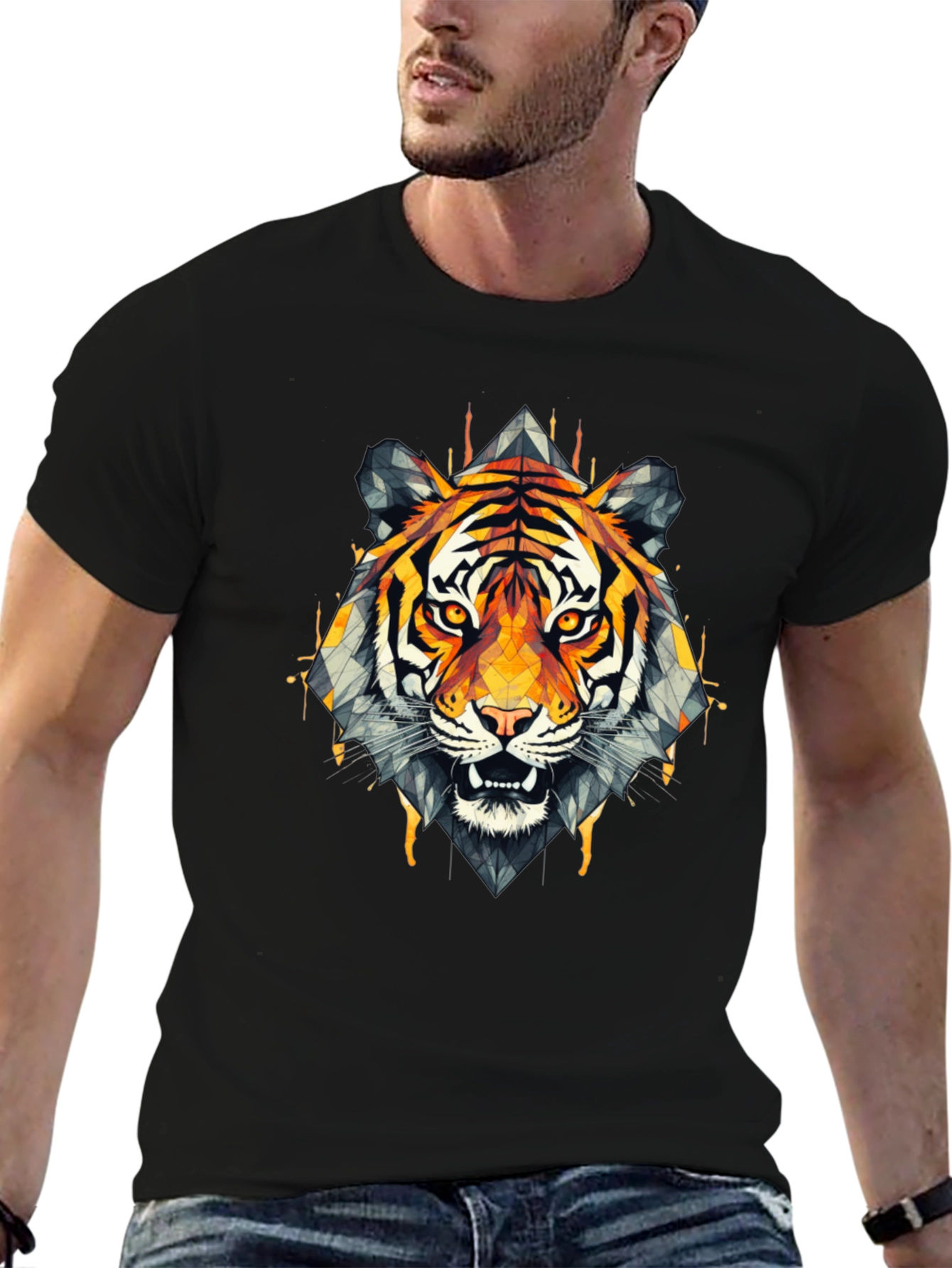 Geometric Tiger Graphic Black T-Shirt