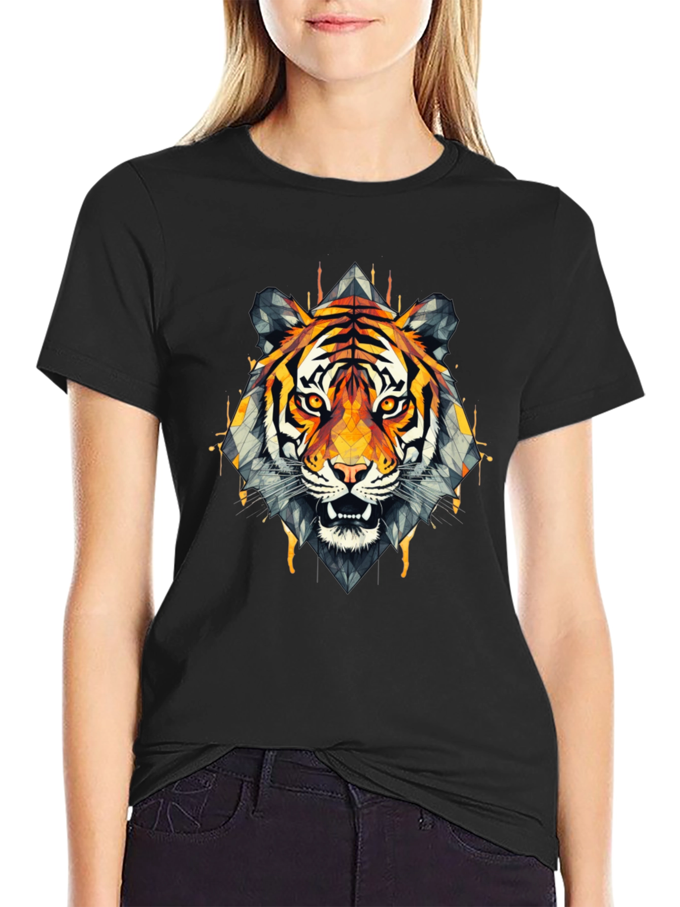 Geometric Tiger Graphic Black T-Shirt