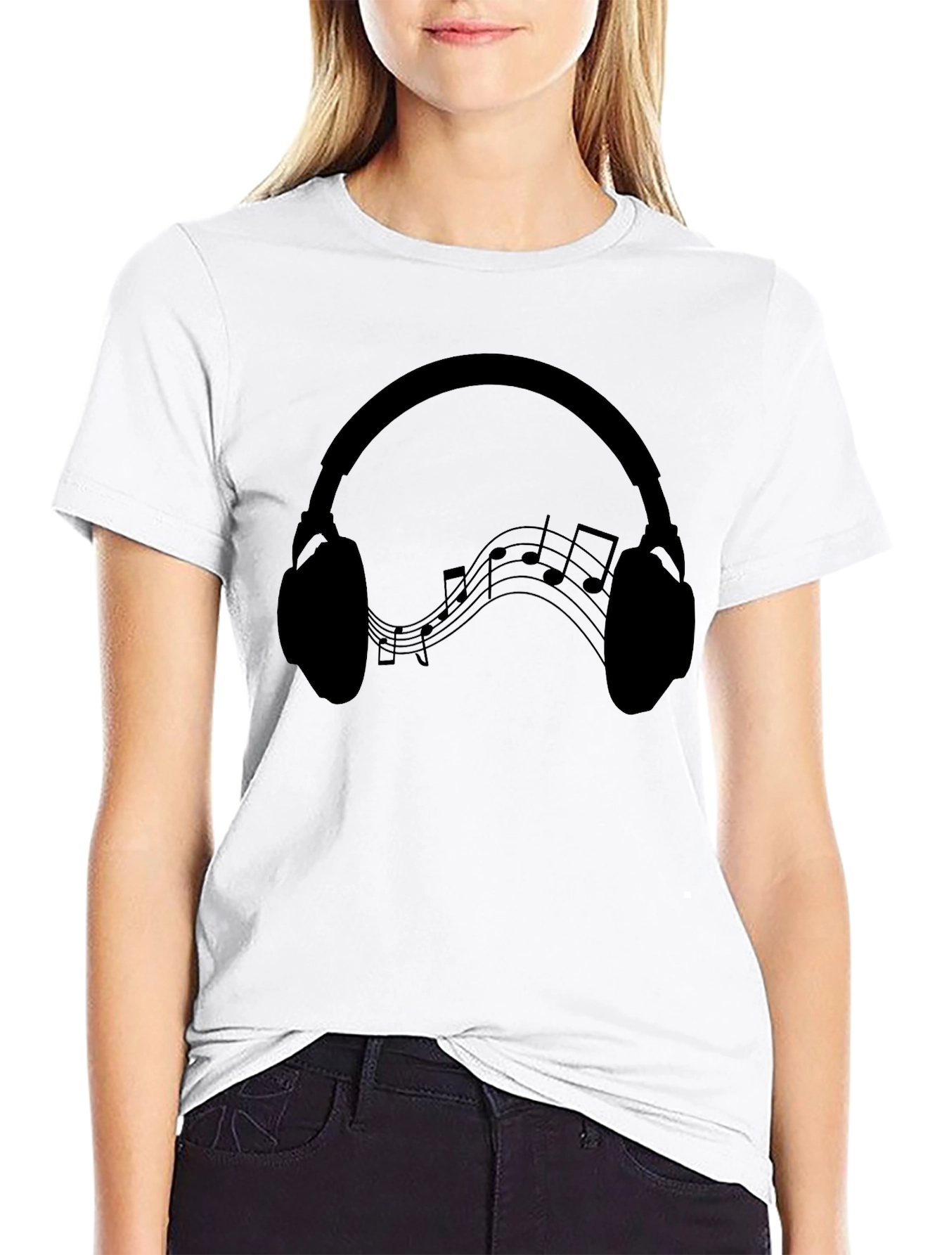 Headphones Music Notes Graphic Tee - Black Cotton Blend