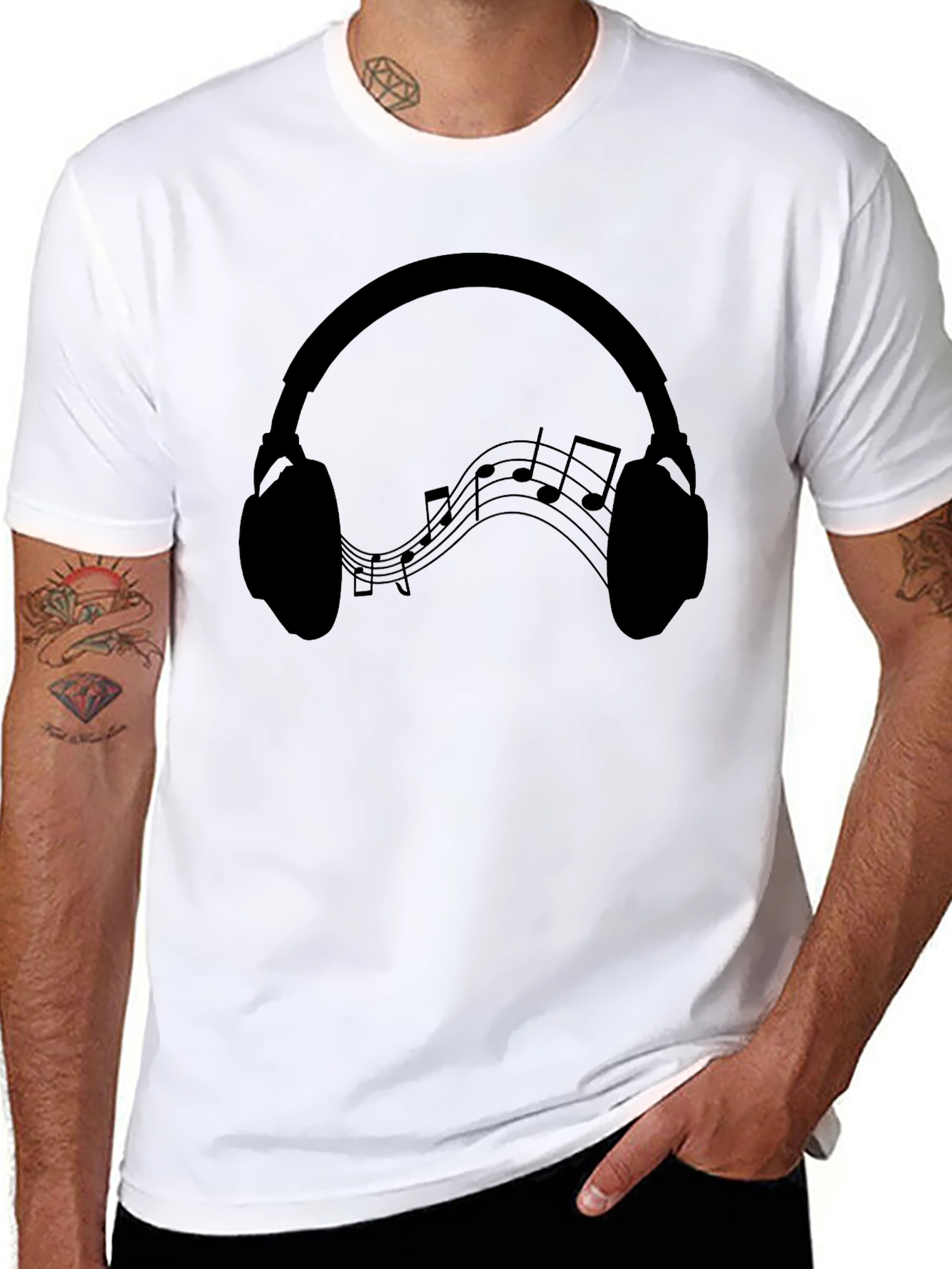 Headphones Music Notes Graphic Tee - Black Cotton Blend