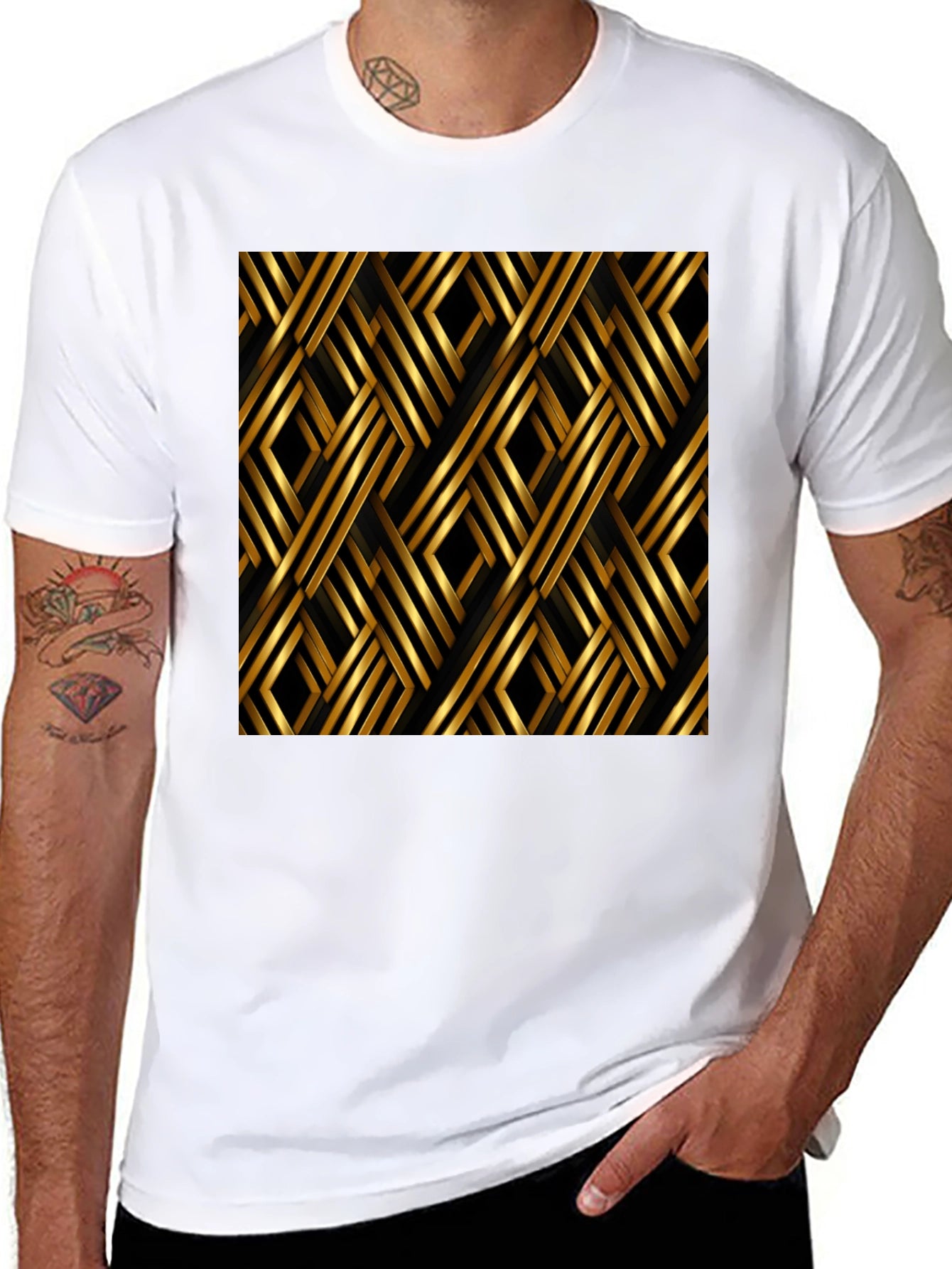Geometric Gold Pattern Black T-Shirt