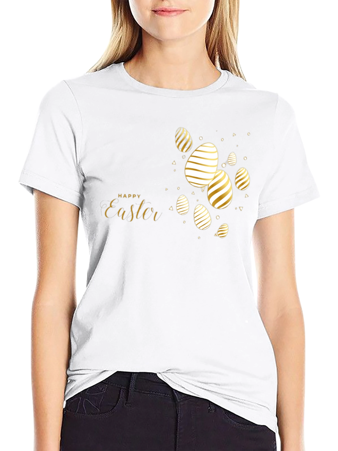Happy Easter Black T-Shirt with Gold Eggs