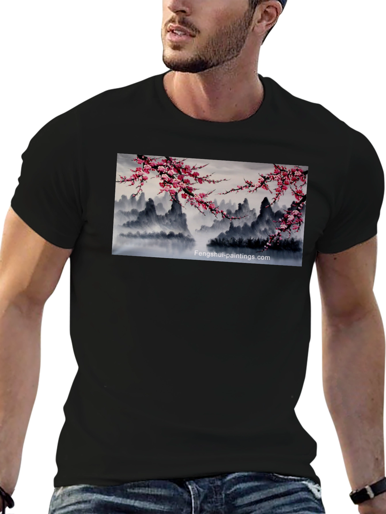 Artistic Asian Landscape Graphic Tee - Black