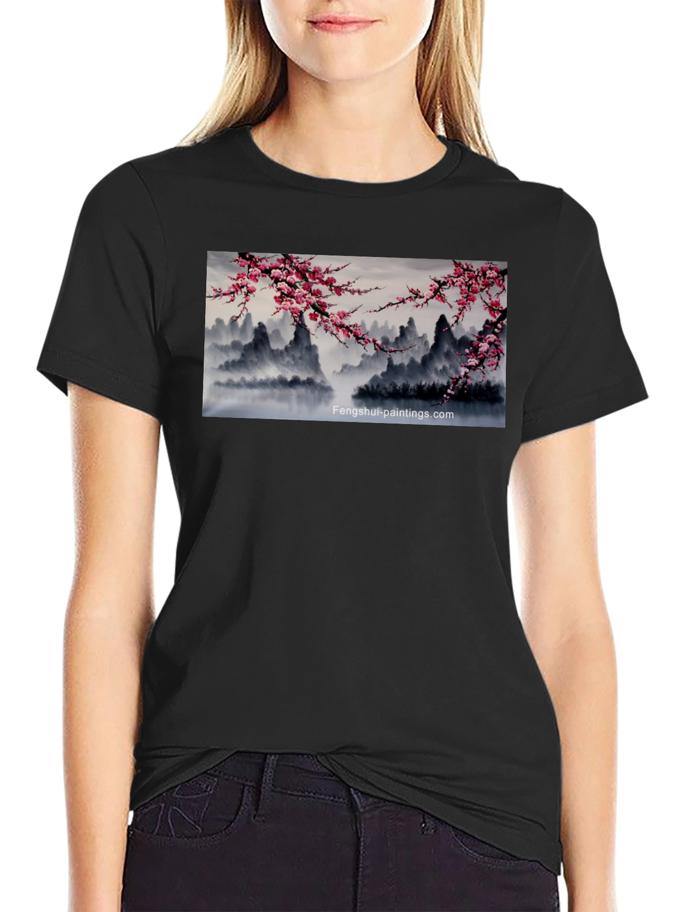 Artistic Asian Landscape Graphic Tee - Black