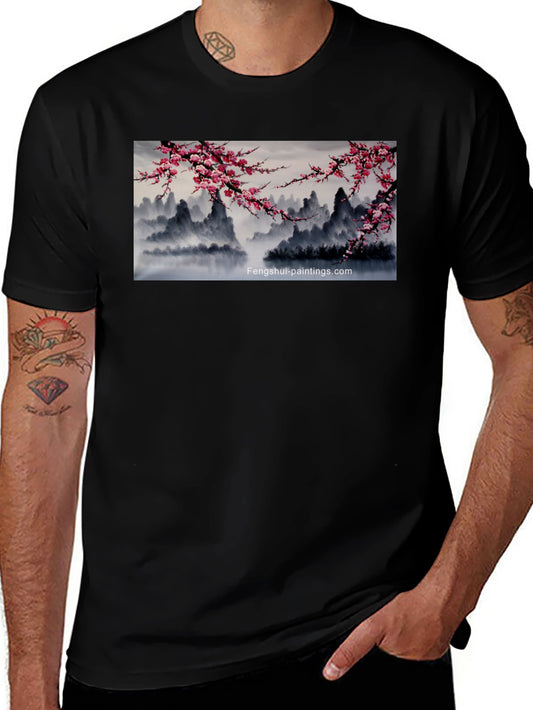 Artistic Asian Landscape Graphic Tee - Black